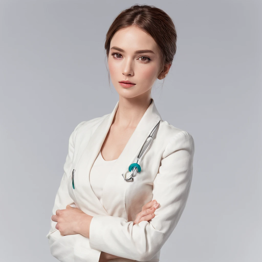 A portrait of a 28-year-old woman. She exudes an attractiveness admired by both genders. Her appearance is characterized by the purity and professionalism of a beauty counselor. Her long hair is gracefully tied up in a chignon, emphasizing her feminine style (1.2). The makeup is consistent and gives an overall polished look. The portrait focuses closely on her chest upwards; she faces the front with her gaze fixed ahead. Her expression is warm, with a gentle smile radiating from her eyes (1.1). She's dressed in a professionally toned blouse, layered with a white coat. Her pose is reminiscent of those found in hospital advertisements, radiating trustworthiness. One hand holds a medical chart while the other naturally rests on her hip (1.3). The background is white. The desired output is a high-resolution photo with a realistic touch.