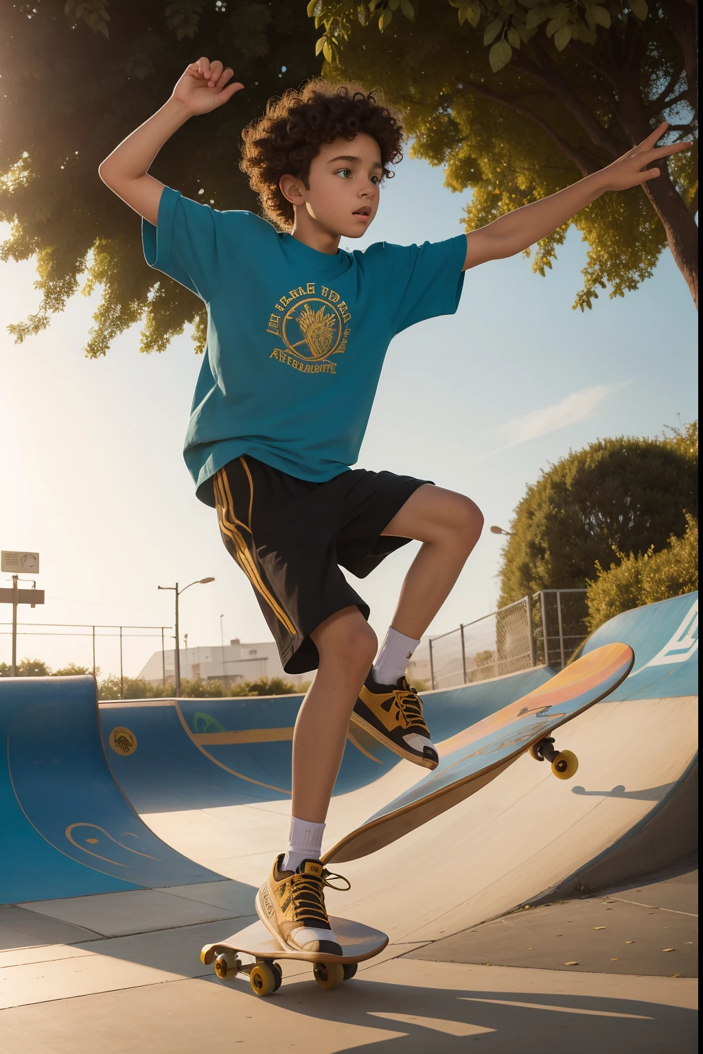 Embrace the Pre-Raphaelite aesthetic to depict the euphoria of a 13-year-old boy with curly, golden hair and a sense of adventure, dressed in modern skateboarder attire, as he gracefully maneuvers his skateboard through a sunlit, urban skatepark, his friends cheering and clapping. Modern clothes.