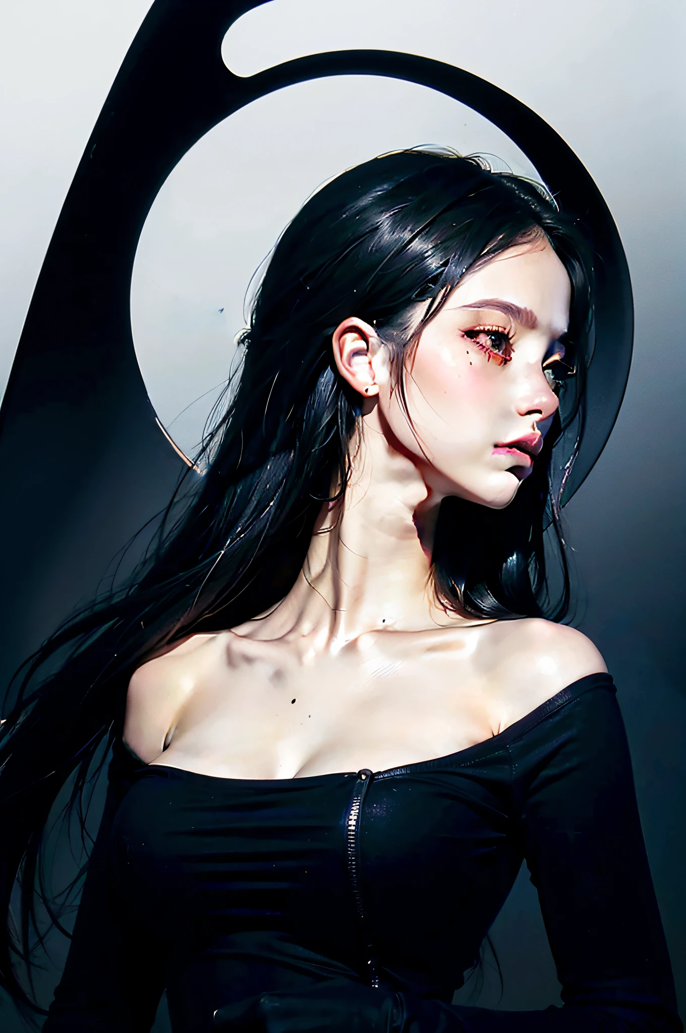 (best quality, ultra-detailed, highres, masterpiece:1.2), realistic, vivid colors, (portrait, fine art, painting, oil painting:1.1), lighting: warm, soft, (sharp focus, high contrast), bronze texture, (beautiful, detailed eyes, expressive lips), large voluptuous breasts, bare breasts, generous décolletage, nipples taped with scotch.