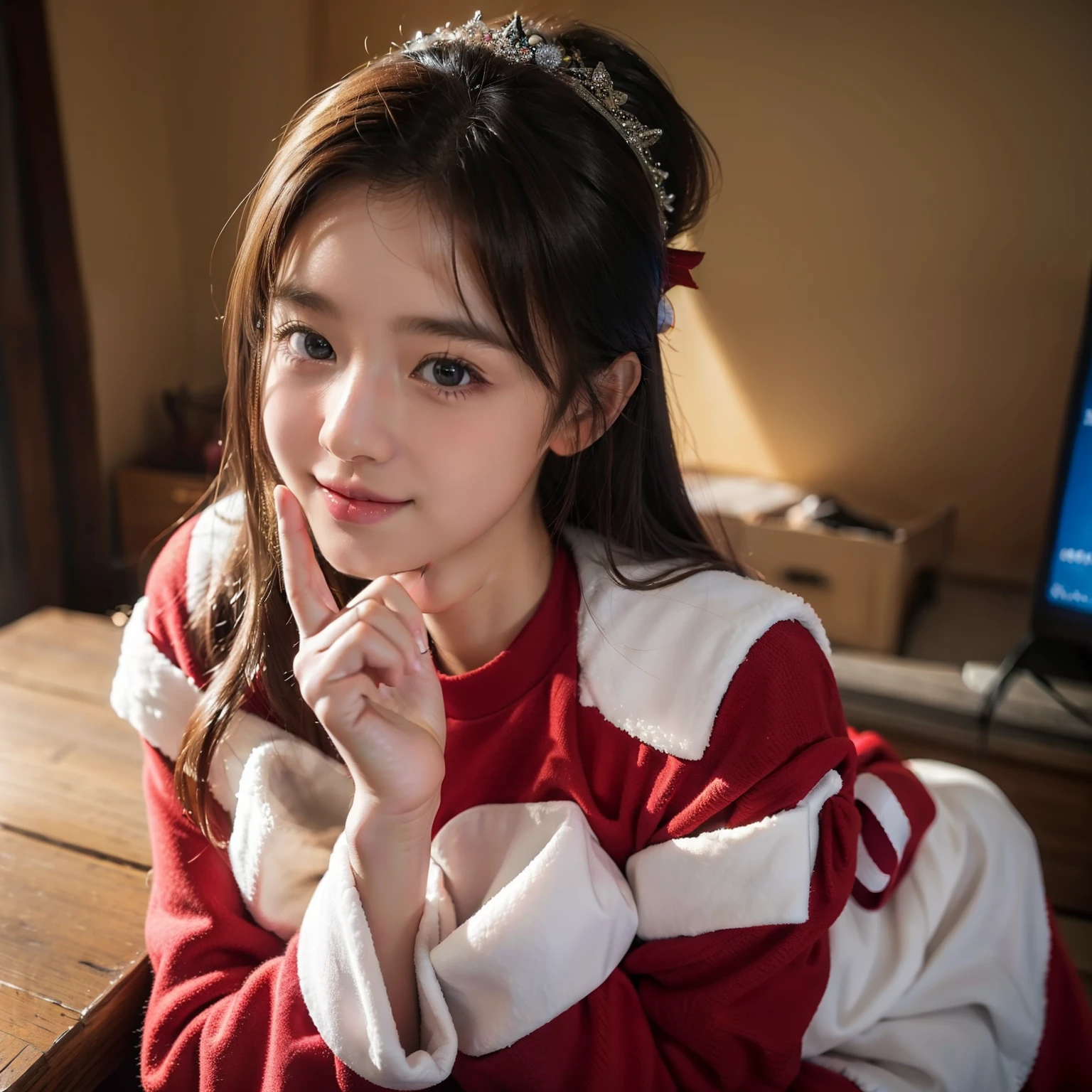 (One girl:1.5)、 student、a beauty girl、Christmas Costumes、Santa Claus Costume、kawaii、HDTV、hiquality、Super beautiful、Super masterpiece、Beautiful skin、perfect hand、perfect fingers、8k、A slight smil、