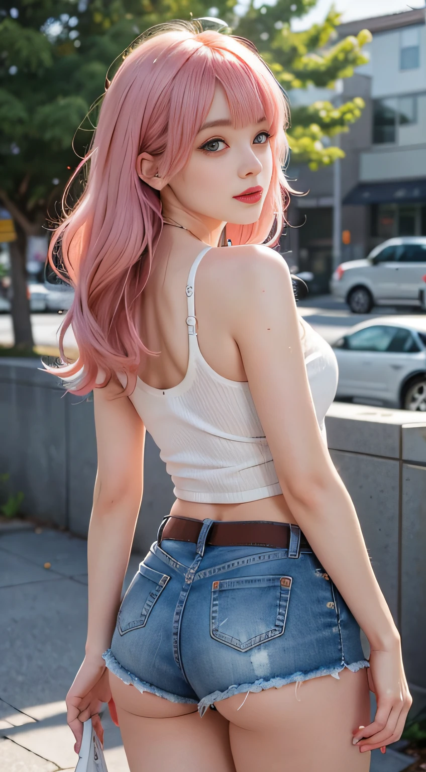 1girl in, Pink hair, Blunt bangs, Bangs, Long hair, Wet hair, makeup, lightsmile, Parted lips, Bright pupils, One-person viewpoint, Wide Shot, from behind, Sideways, F/1.8, 135 mm, canon, nffsw, retinas, masutepiece, ccurate, Anatomically correct, Textured skin, Super Detail, high details, High quality, Best Quality, hight resolution, 1080p, hard disk, 4K, White tank top in 8K、Denim Mini Skirt　White lace panties
