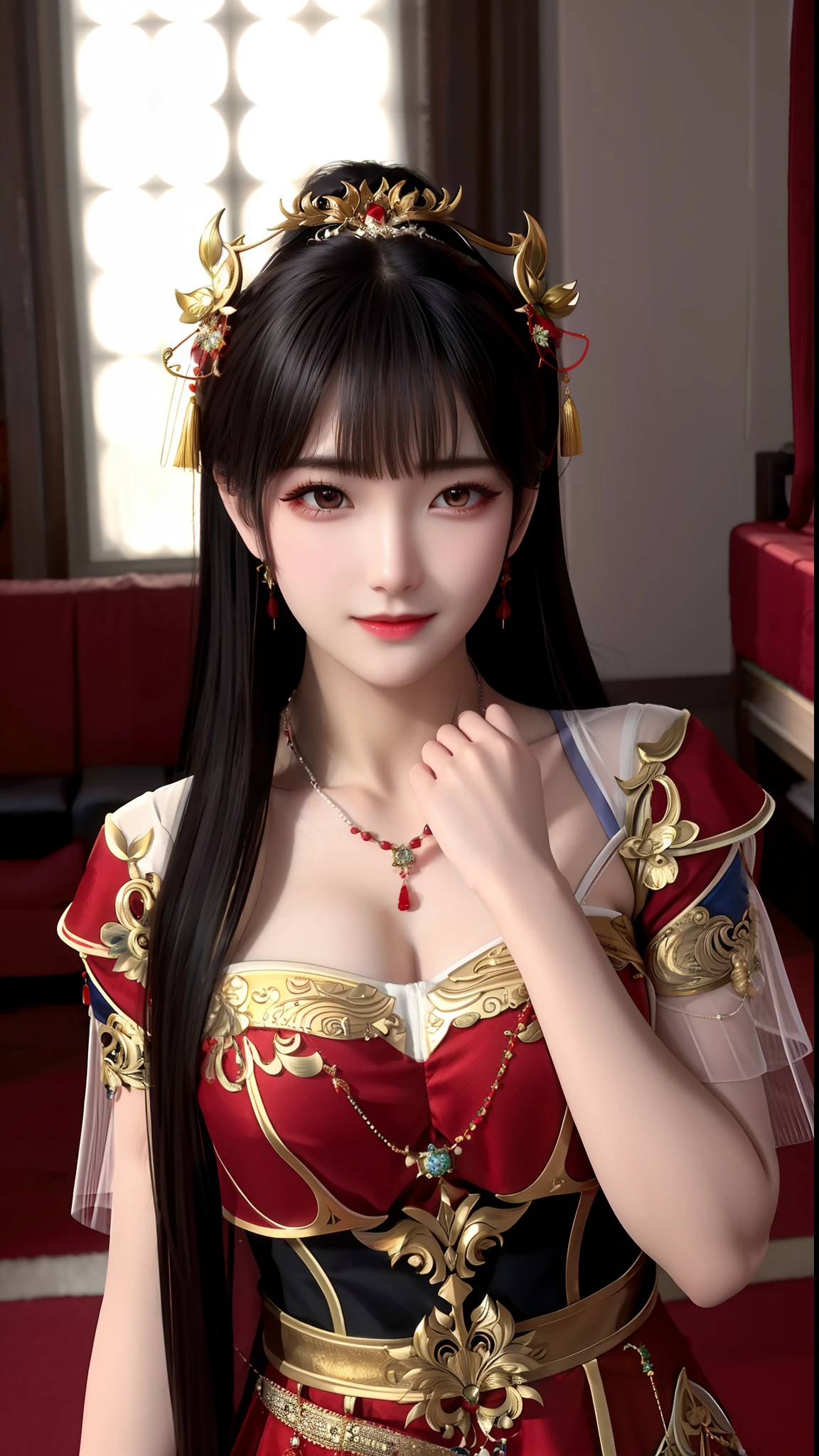 best quality, masterpiece, highres, 1girl, china wedding dress, red highlight, hair ornament, necklace, jewelry, Beautiful face,upon body, tyndall effect, photorealistic, dark studio, rim lighting, two tone lighting, (high detailed skin:1.2), 8k uhd, dslr, soft lighting, high quality, volumetric lighting, candid, Photograph, high resolution,