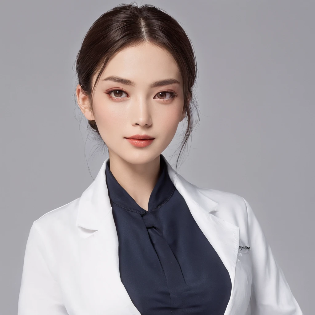 Portrait of a 28-year-old woman. She exudes charm that is admired by both genders. Her appearance is、Characterized by the purity and professionalism of beauty counselors. Her long hair is elegantly tied in a chignon, Highlight her feminine style (1.2). Makeup is consistent、Gives an overall polished look. The portrait focuses upwards on her chest; She is facing forward with her gaze fixed forward. Her expression is warm, A gentle smile radiates from her eyes (1.1). She wears a blouse with professional tones, Layering white coats. Her pose is reminiscent of what is seen in hospital advertisements, Radiating reliability. One hand is holding a medical record.、The other hand is naturally placed on the hip (1.3). the background is white. The desired output is、High-resolution photos with a realistic touch.