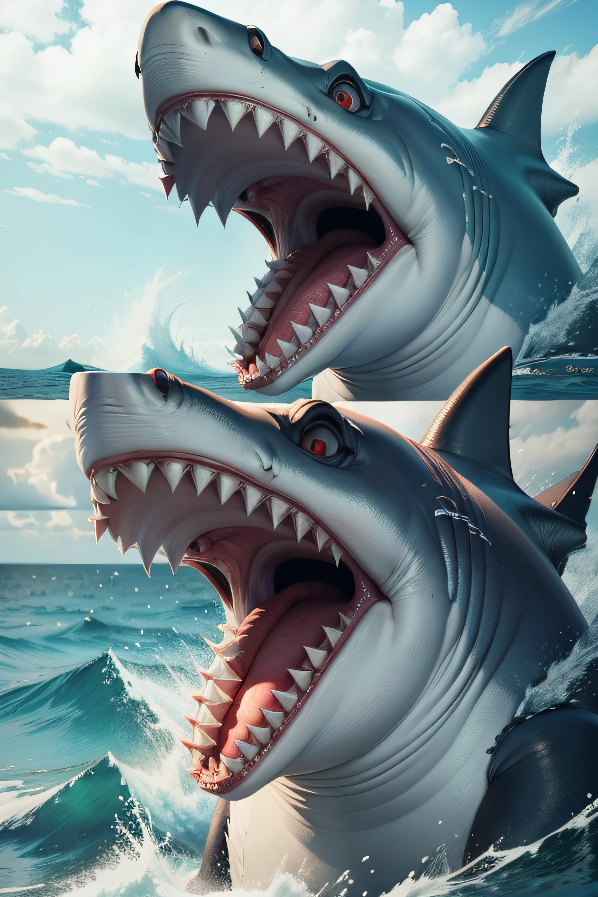 Create a realistic shark with its mouth open to devour