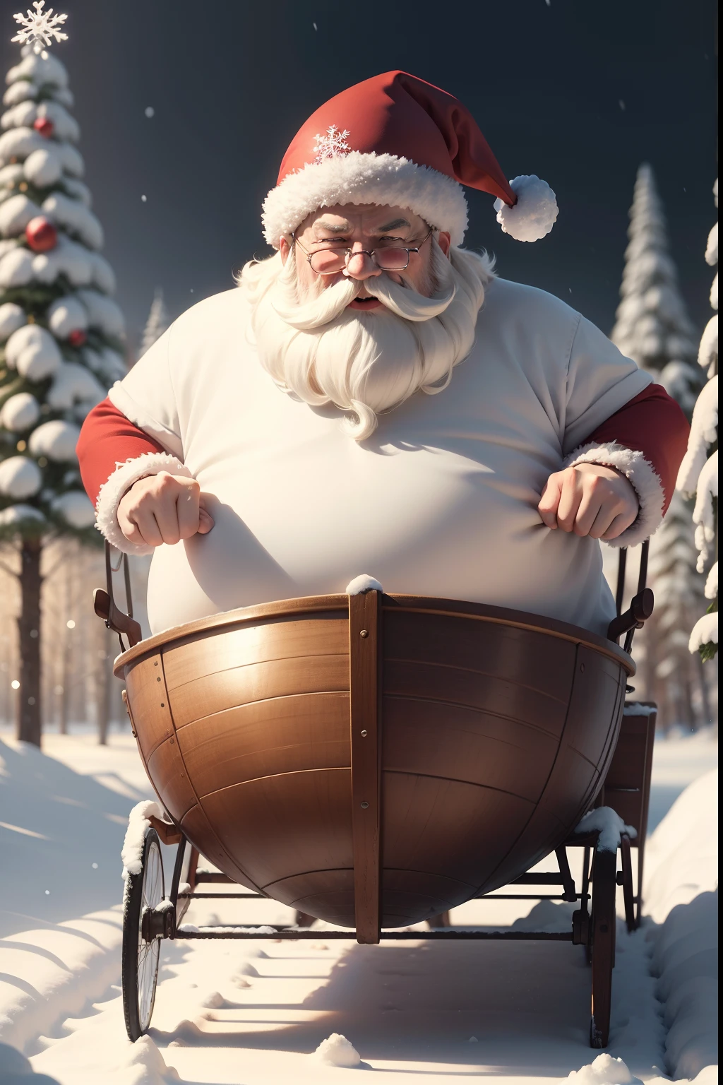 Santa Claus cartoon character, Wear a red Christmas dress,with a white beard, Chubby, Drive a sleigh pulled by six reindeer, Inside was a big bag of Christmas presents,In the midst of snowy landscapes. (Best quality, 4K, A high resolution, Masterpiece:1.2), Ultra-detailed, (Realistic, Photorealistic, photo-realistic:1.37), Colorful, Festive atmosphere, Vibrant colors, Bokeh, Snowflakes fall gently, Warm and comfortable lighting, A magical winter wonderland, joyful expressions, A vibrant football match, dynamicposes, Snow with footprints, Snow-capped trees, Twinkling stars in the sky.
