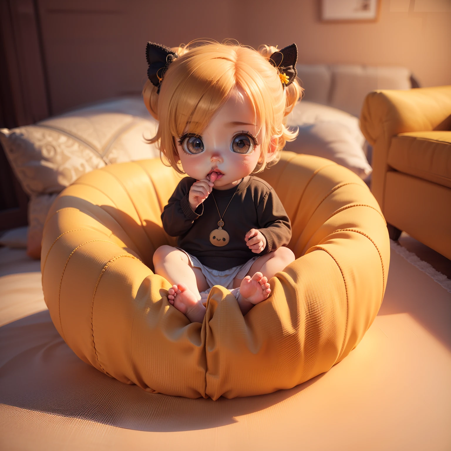 Cute Baby Chibi Anime、(((Chibi 3D))) (Best Quality), (masutepiece)、Yellow-orange bouncing hairstyle、Chibi Attic、Sit back and relax、Cushioned sofa、A detailed face、