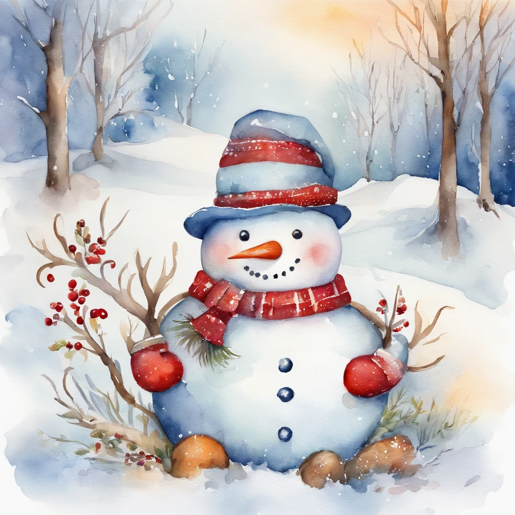 Watercolor winter illustration. Watercolor cute snowman