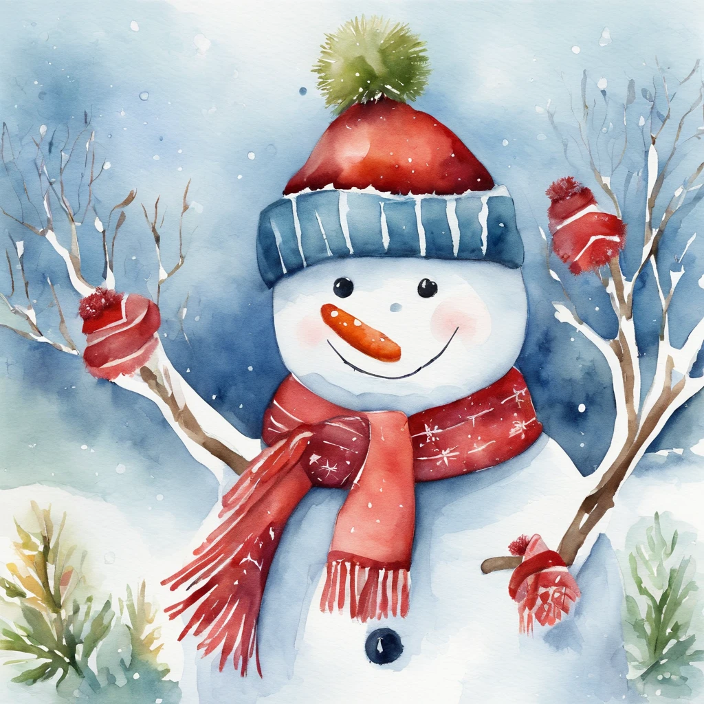 Watercolor winter illustration. Watercolor cute snowman