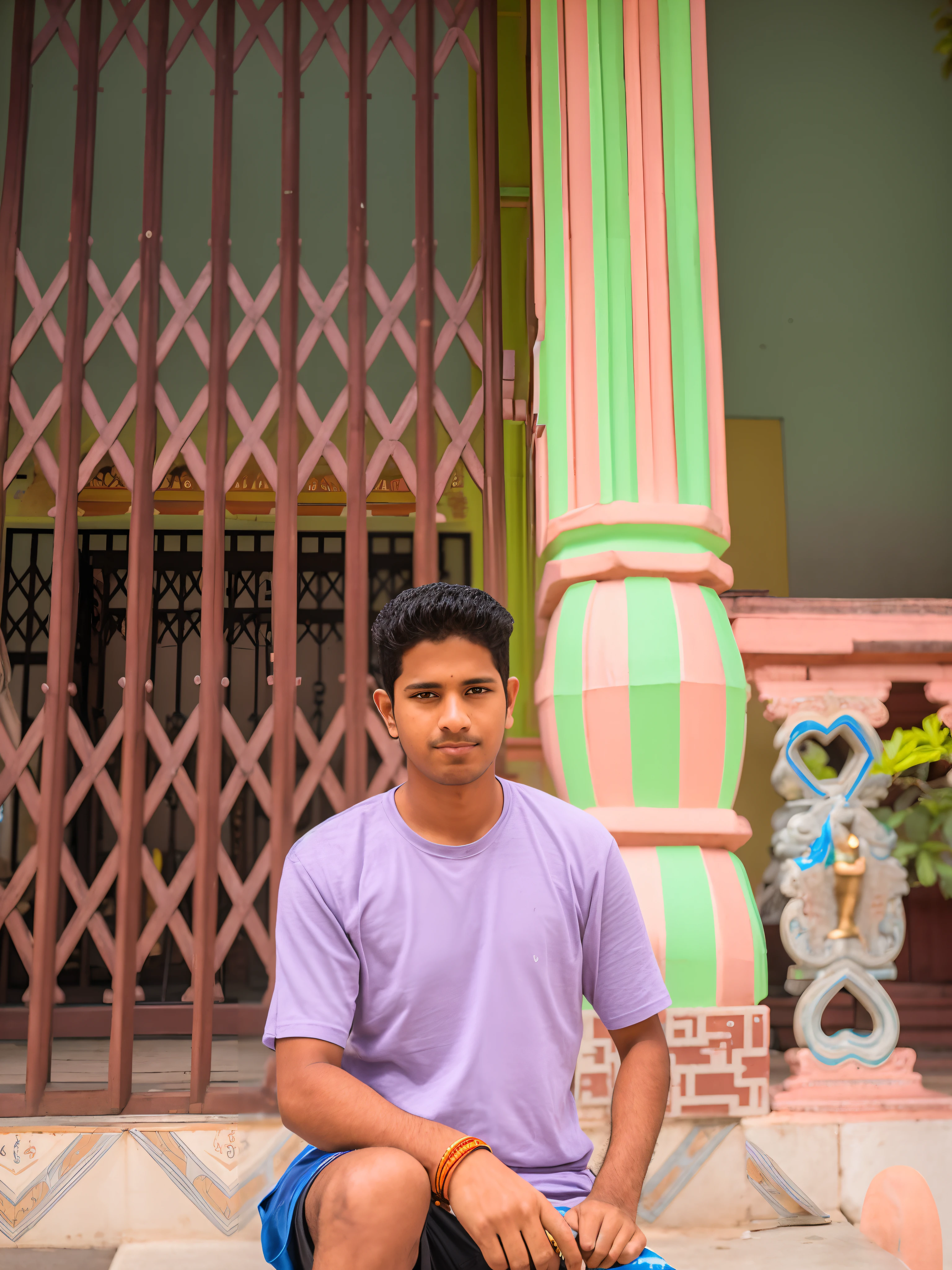 arafed man sitting on a step with a skateboard in front of a building, in front of a temple, standing in a hindu kovil, in front of the temple, shot on nikon z9, wideangle portrait, around 1 9 , wide - angle portrait, in a temple, photo taken with sony a7r camera, in city street