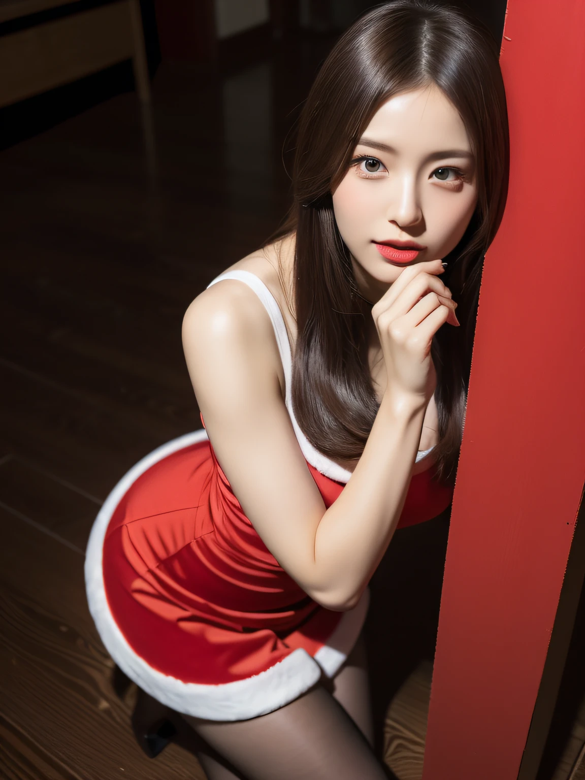 (((32K,very high res, high detailing, highly accurate, masutepiece、1 woman))),Raw photo & realistic atmosphere,Detailed pink beautiful eyes,Detailed mouth,Detailed eyebrows,Soft white skin that shines with every detail,Infinite reality,Best design,Out-of-this-world beauty,Sexy Beauty,17 age,Toned body,plump thighs,Slender legs,Beautiful butt,爆乳,Beautifully shaped breasts,(Red Santa Claus Booth,Red mini skirt,Black pantyhose:1.3)Best Natural Makeup,Japanese ido,Korean Idols,Young sensual actress,Black ugly high heels,Fancy accessories My father is Russian, Mother Japan,Glossy brown medium hair,mesmerizing eyes,Eyes closed,Sleepy look,Shot from directly above,Pitch black hotel room,Dark,room at night,Sleeping in bed,Professional spot lighting,Santa Claus Cospre,seductiv,,Pose begging viewers for a kiss,(Eyes are too cute)
