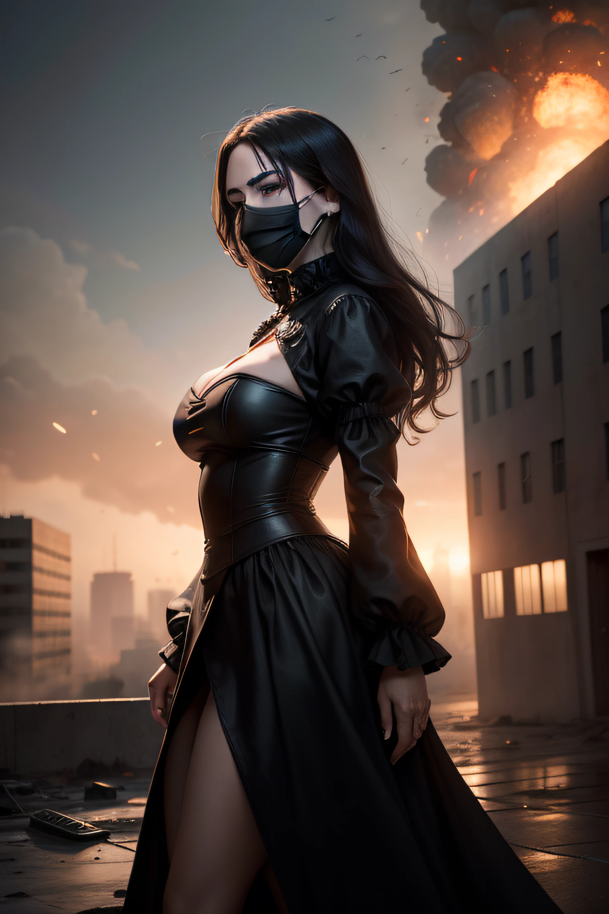 ((murderess)),(Wear a mask),standing on top of the building,Distant explosions,monica bellucci