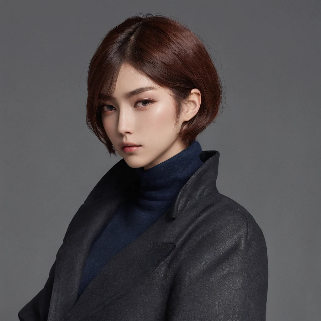 「Portrait of Japan man 25 years old。Casual scene of autumn and winter in smart style。The hairstyle is short hair and the sides are cropped、The top is lightly voluminous.。Hair color is natural black。Top is a navy turtleneck sweater、She wears a dark grey wool coat over it.。Dark grey wool slacks with bottoms。Brown leather boots underfoot。」