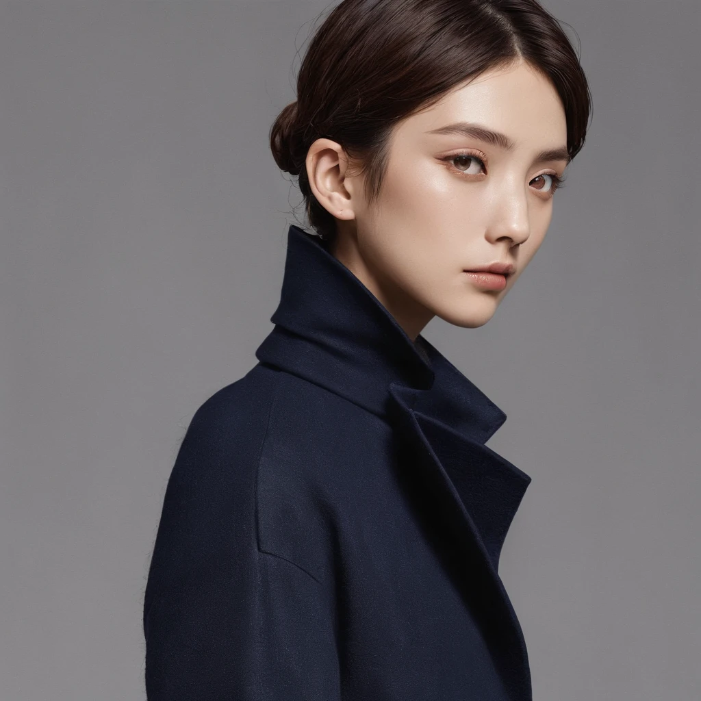 「Portrait of Japan man 25 years old。Casual scene of autumn and winter in smart style。The hairstyle is short hair and the sides are cropped、The top is lightly voluminous.。Hair color is natural black。Top is a navy turtleneck sweater、She wears a dark grey wool coat over it.。Dark grey wool slacks with bottoms。Brown leather boots underfoot。」