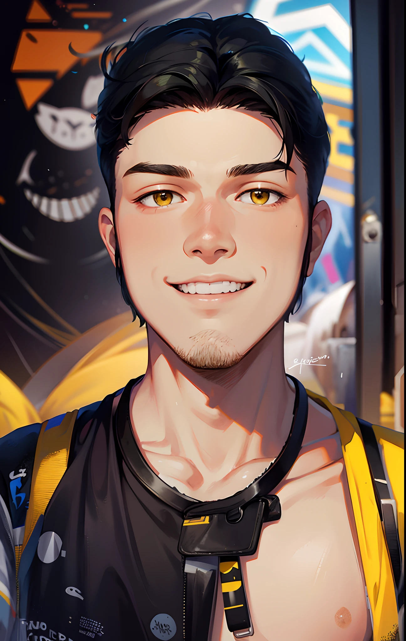 A very handsome teenager passed by me and inadvertently saw me, bust photo, smiling and looking at me. High nose, yellow race, relatively white skin, black hair, medium hair. The background is a wall with various graffiti on it. He wears simple short sleeves and holds a cute dog. Highest quality.