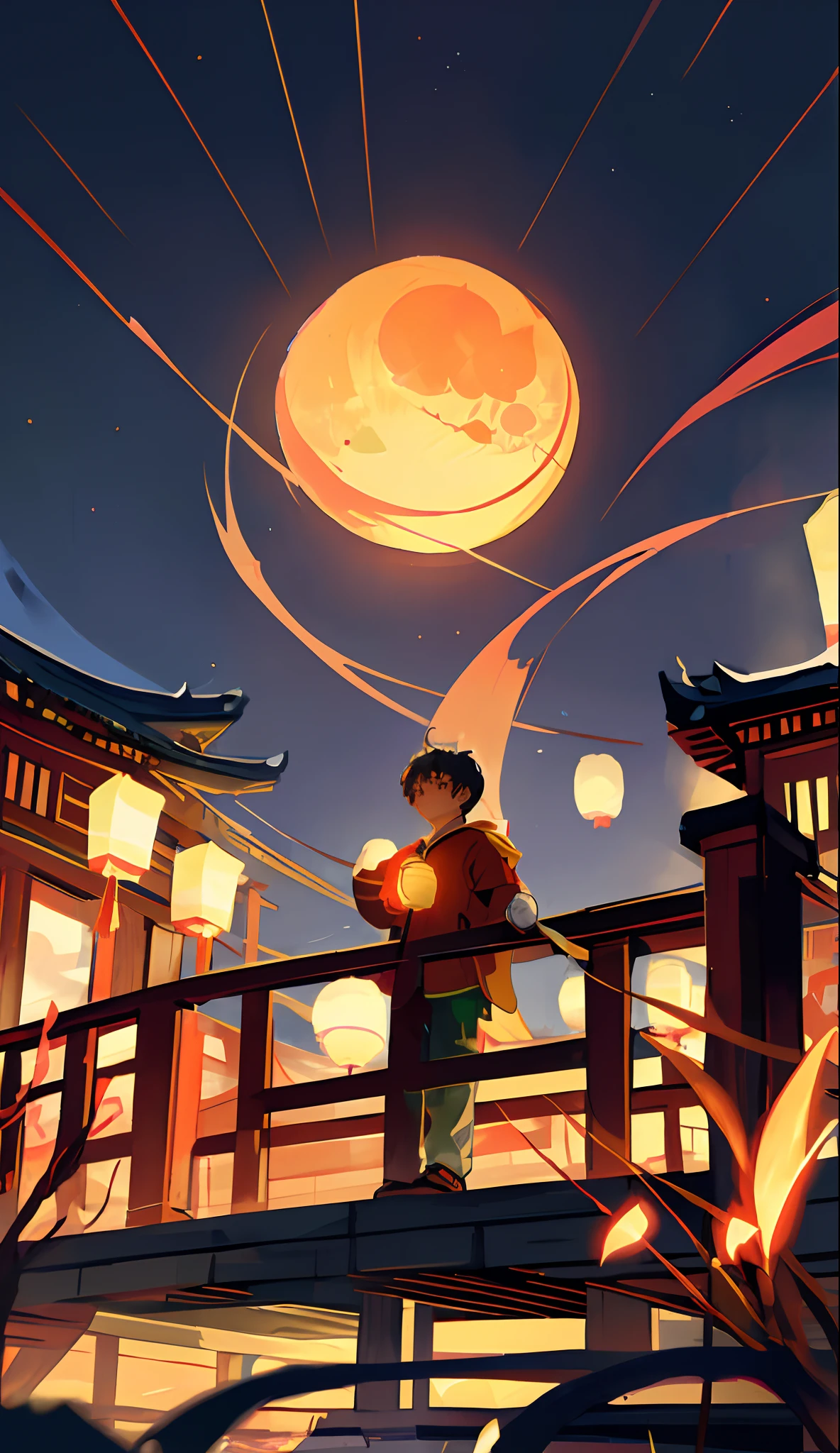 (best quality, 4k), (anime:1.2), (moon:1.1), (paper lanterns:1.1), (boy:1.1, sporty appearance), holding a football in his left hand and a mooncake in his right hand, standing on a bridge, gazing into the distance. The scene is surrounded by traditional Chinese architecture, with cherry blossom trees blooming nearby. The artwork is in the style of a digital anime illustration, featuring vibrant colors and intricate details. The color palette is rich and diverse, bringing out the beauty of the night sky. The lighting emphasizes the moon and the warm glow of the paper lanterns, creating a magical and serene atmosphere.