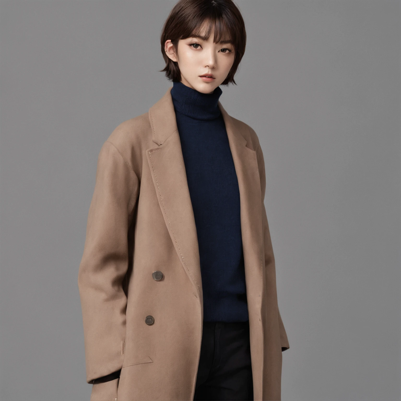 「Portrait of Japan man 25 years old。Casual scene of autumn and winter in smart style。The hairstyle is short hair and the sides are cropped、The top is lightly voluminous.。Hair color is natural black。Top is a navy turtleneck sweater、She wears a dark grey wool coat over it.。Dark grey wool slacks with bottoms。Brown leather boots underfoot。」