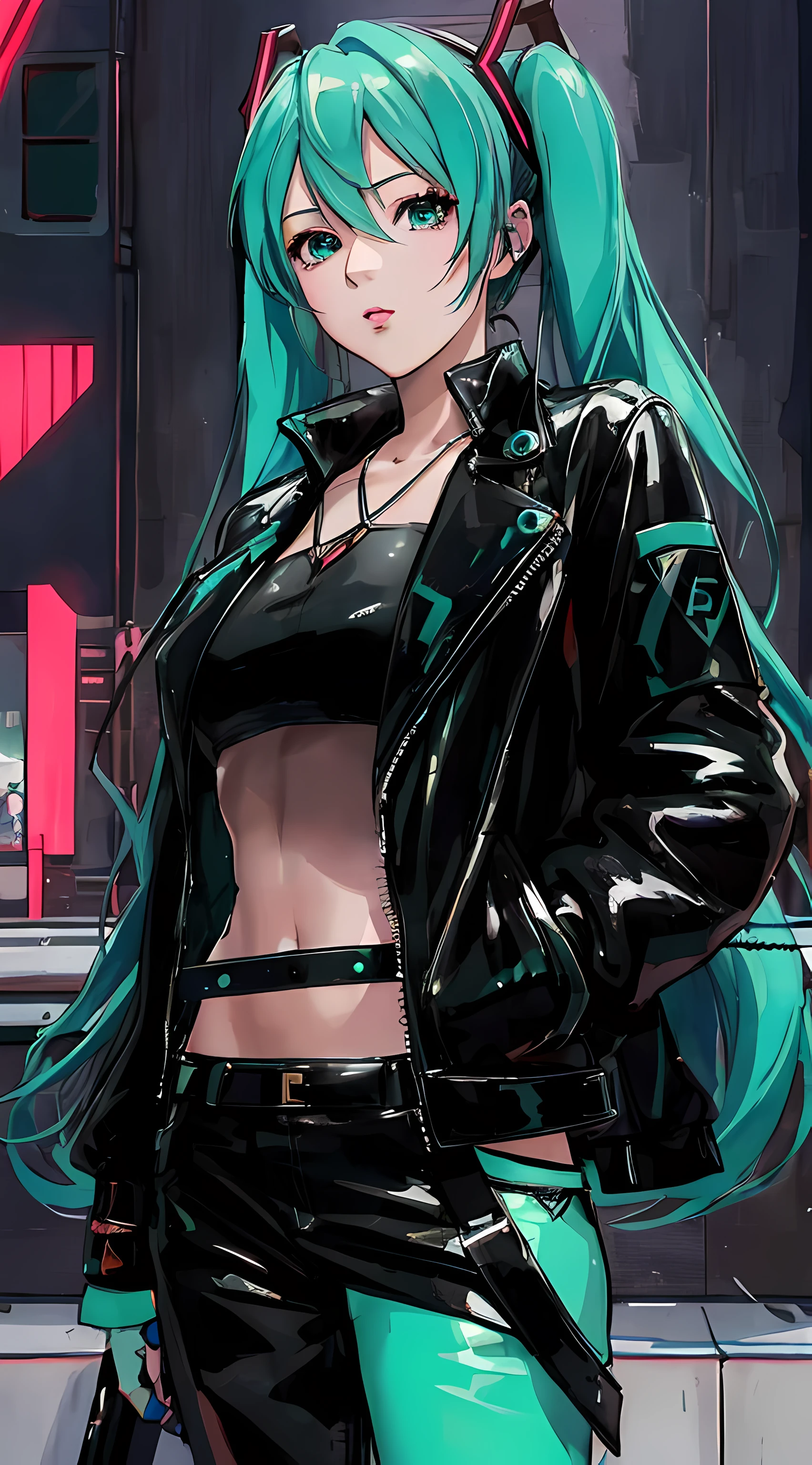 Matured, Hatsune Miku, black leather jacket posing for a picture, anime style 4k, digital anime art, anime art, badass anime 8k, portrait