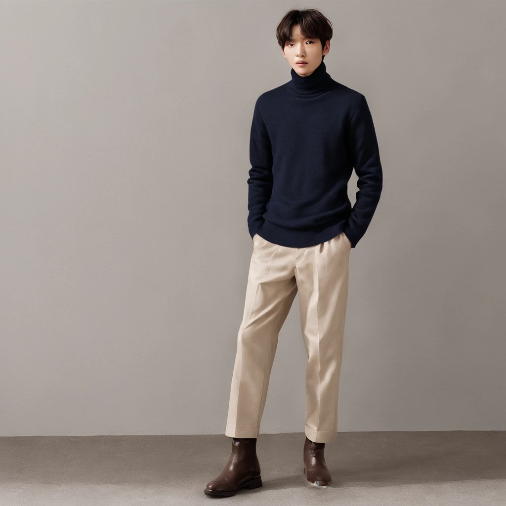 「Portrait of a 25-year-old Japan man。Casual scene of autumn winter in smart style。The hairstyle is short hair and the sides are trimmed、The top is light and voluminous.。Hair color is natural black。Top is a navy turtleneck sweater、She wears a dark gray woolen coat over it.。Dark grey wool slacks、Bottoms。Brown leather boots at the foot。」