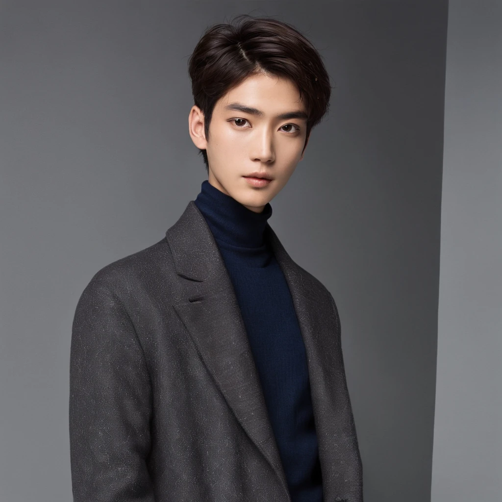 「Portrait of a 25-year-old Japan man。Casual scene of autumn winter in smart style。The hairstyle is short hair and the sides are trimmed、The top is light and voluminous.。Hair color is natural black。Top is a navy turtleneck sweater、She wears a dark gray woolen coat over it.。Dark grey wool slacks、Bottoms。Brown leather boots at the foot。」