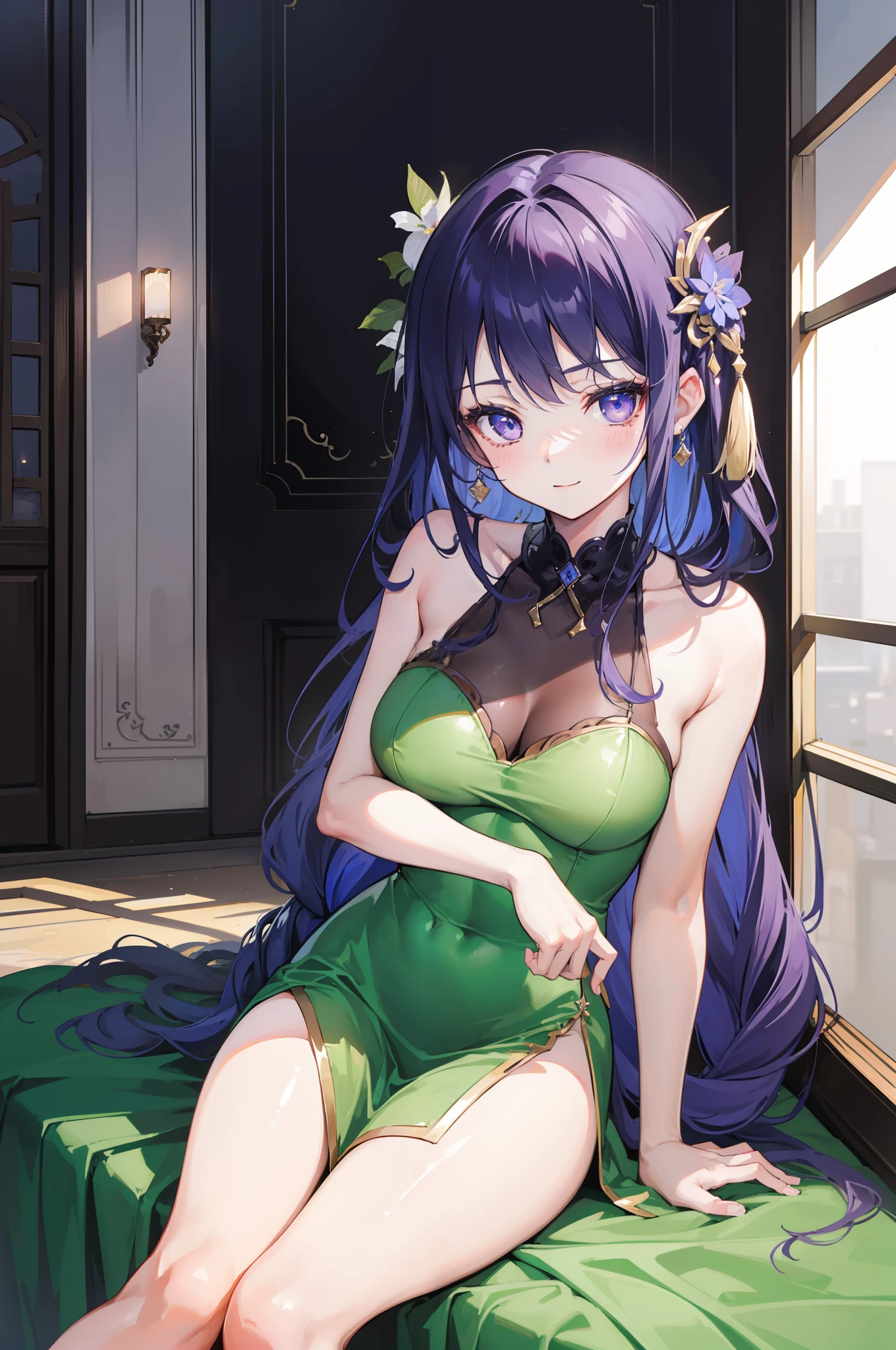 1 girl, Genshin Impact, Perfect Hands best quality, expressive eyes, perfect face, upper Big body, full body, smile, blush, Wearing Green Satin Nightie Dress full length, indoors, day, simple background, Sitting on Sofa, looking , Bright sky, looking at viewer, stairs, moody lighting,