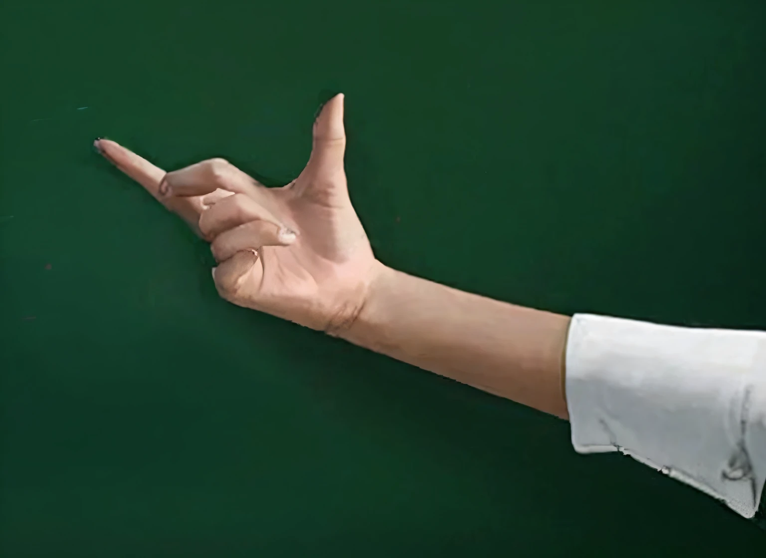 Someone pointed to the blackboard,The background is a chalkboard, hand sign, pointing index finger, bump in form of hand, hand sign, hand sign, corrected hand, pointing finger, right side profile, accurate fingers, with fingers, with index finger, gesture dynamic, point finger with ring on it, the forefoot to make a v gesture