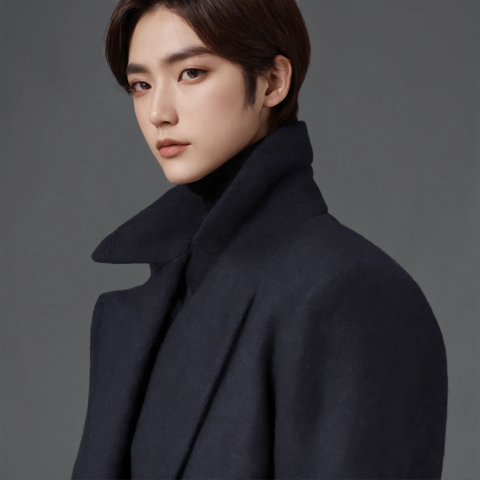 「Portrait of a 25-year-old Japan man。Casual scene of autumn winter in smart style。The hairstyle is short hair and the sides are trimmed、The top is light and voluminous.。Hair color is natural black。Top is a navy turtleneck sweater、She wears a dark gray woolen coat over it.。Dark grey wool slacks、Bottoms。Brown leather boots at the foot。」