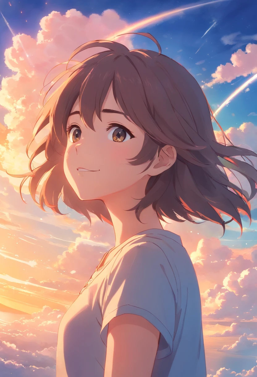 masterpiece, best quality, movie still, 1girl, cloud girl, floating in the sky, close-up, bright, happy, warm soft lighting, sunset, (sparks:0.7)