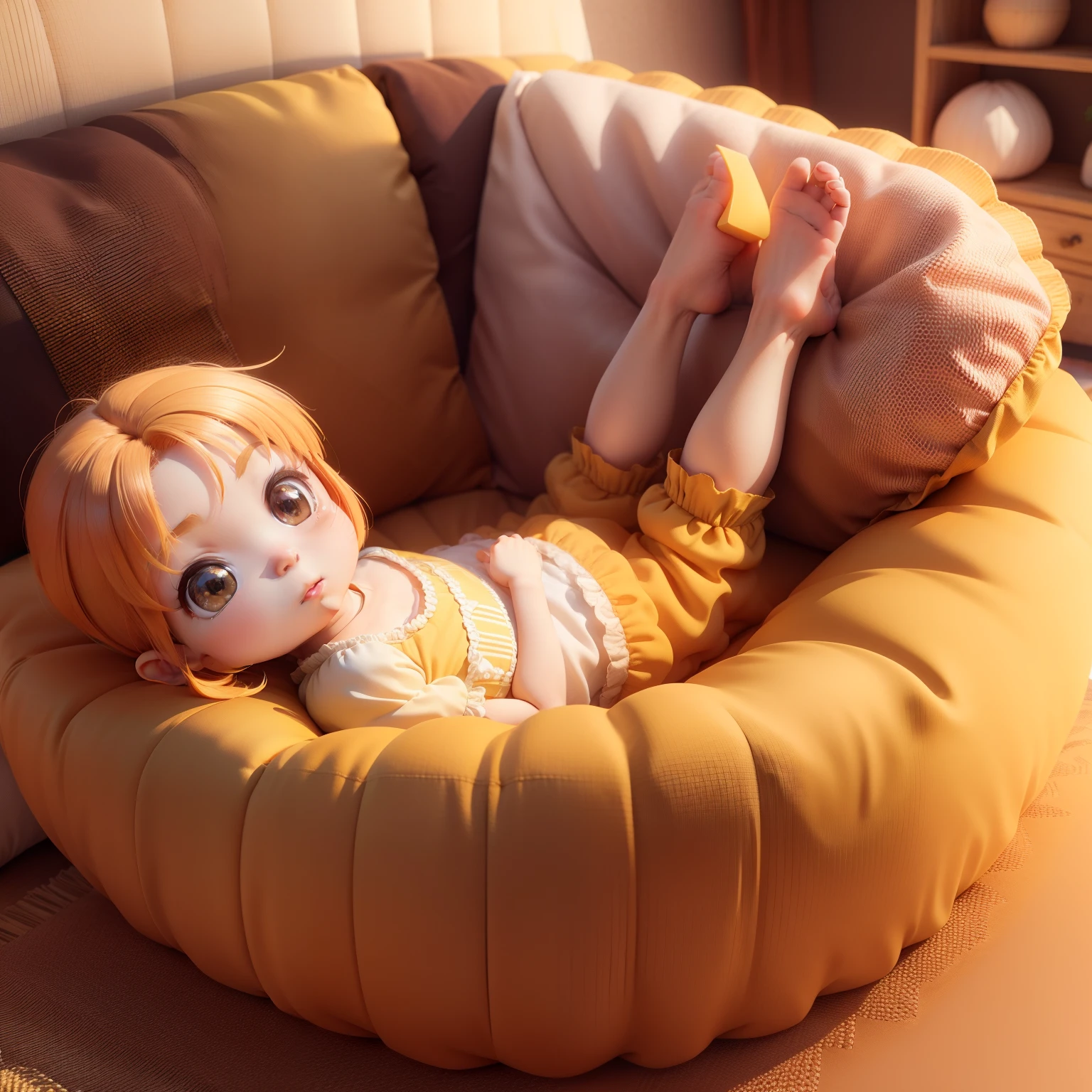 Cute Baby Chibi Anime、(((Chibi 3D))) (Best Quality), (masutepiece)、Yellow-orange bouncing hairstyle、Chibi Attic、Sit back and relax on the cushioned couch sofa set、A detailed face、