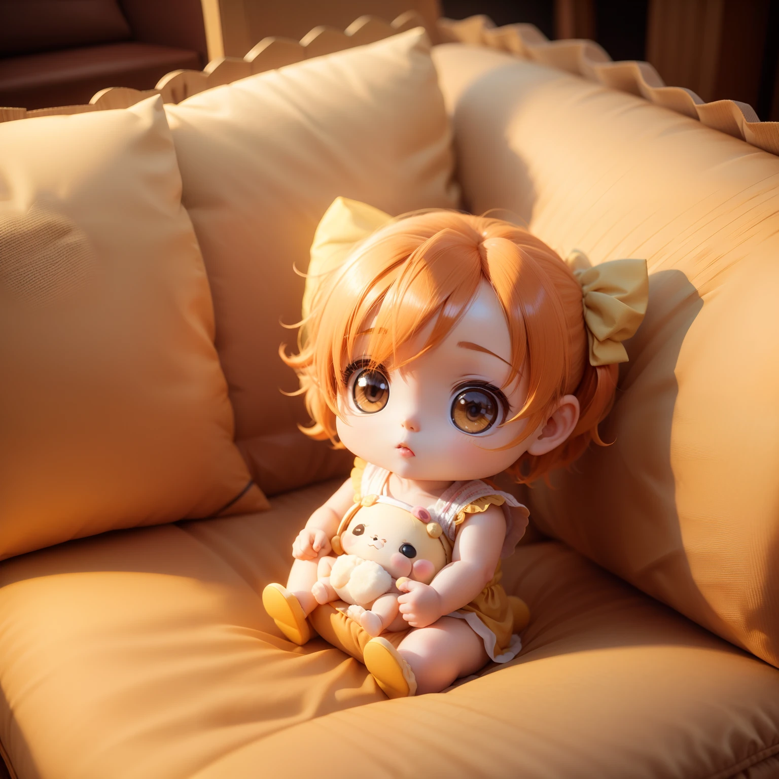 Cute Baby Chibi Anime、(((Chibi 3D))) (Best Quality), (masutepiece)、Yellow-orange bouncing hairstyle、Chibi Attic、Sit back and relax on the cushioned couch sofa set、A detailed face、