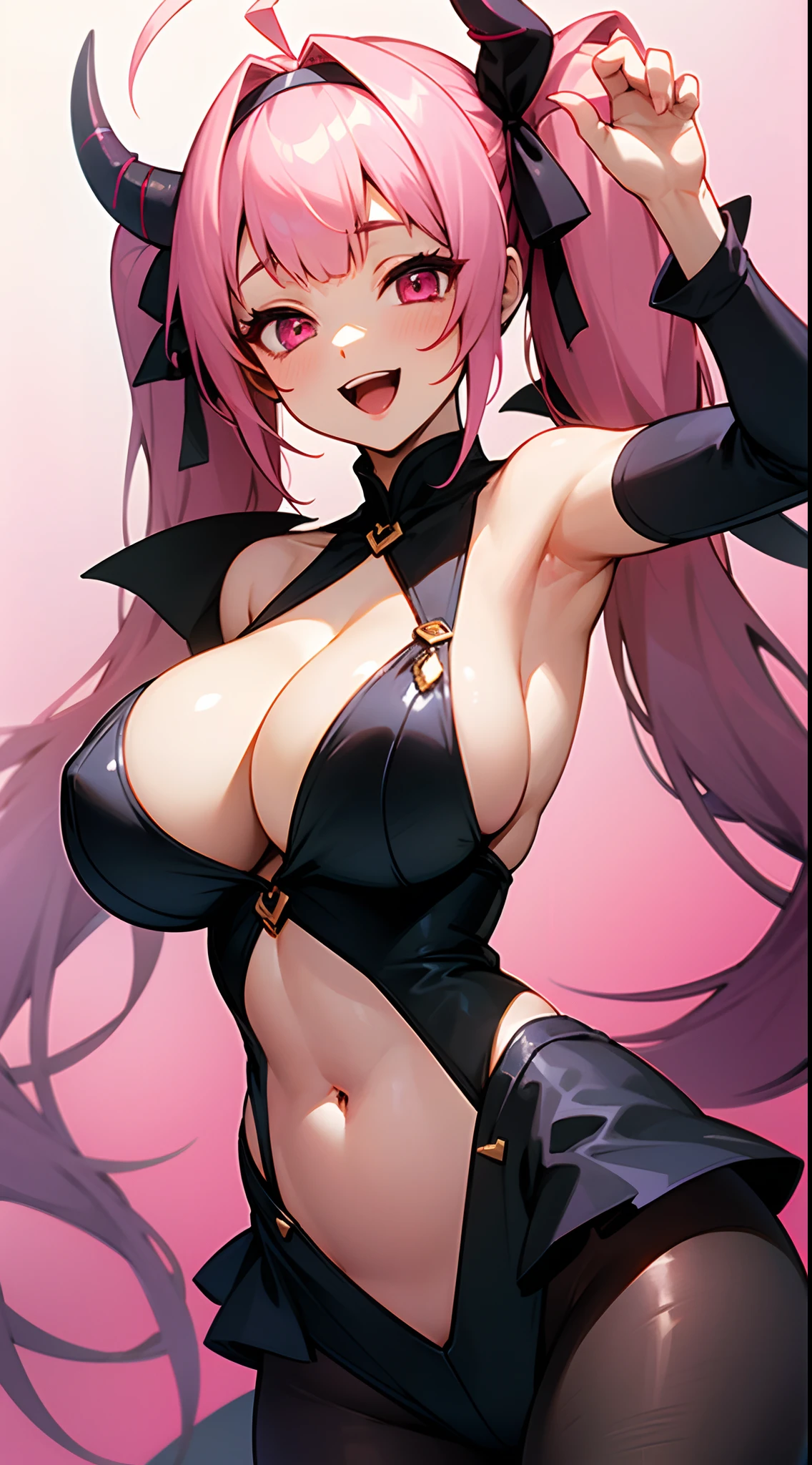 1 girl, game CG, see-through sideboob black leotard, cleavage visible, stomach visible, devil horn hairband, hair ribbon, gigantic breasts, pink hair, long hair, twintails, princess hairstyle, ahoge, pink eyes, smile , open your mouth,