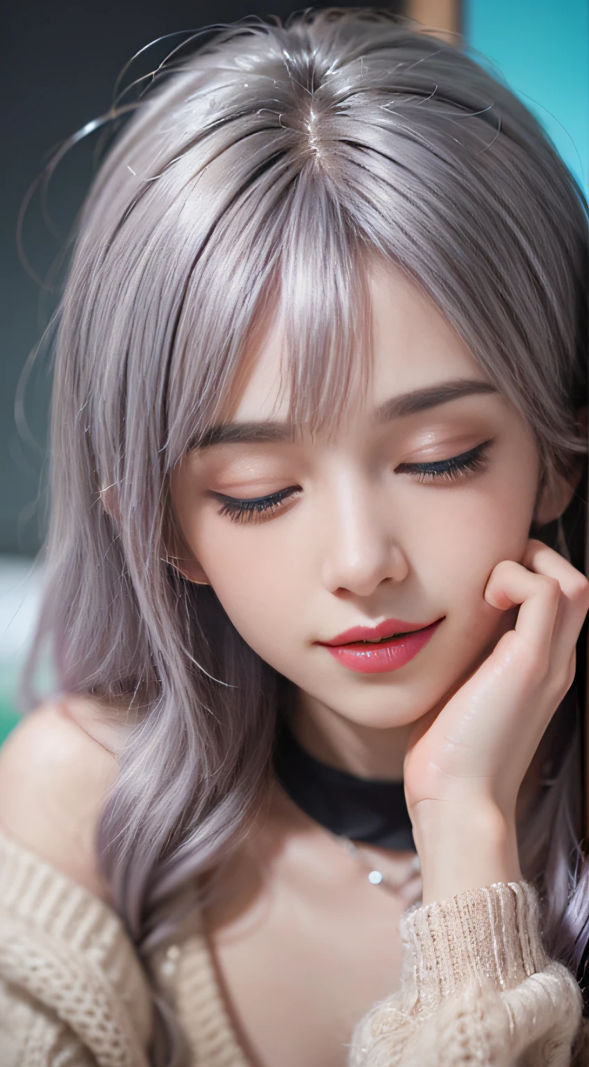 (Woman lying on bed)1 girl, Silver hair, striated hair, Bangs, Blunt bangs, Long hair, Pink hair, aqua eyes, ((Eyes closed)), makeup, Smile, Parted lips, Realism, Verism, surrealism, depth of fields, One-person viewpoint, F/1.8, 135 mm, canon, nffsw, retinas, masutepiece, ccurate, Anatomically correct, Textured skin, Super Detail, high details, High quality, Best Quality, hight resolution, 1080p, hard disk, 4K, 8K、(Coarse short sweater)Float from the shoulder、off shoulders、Black tight skirt