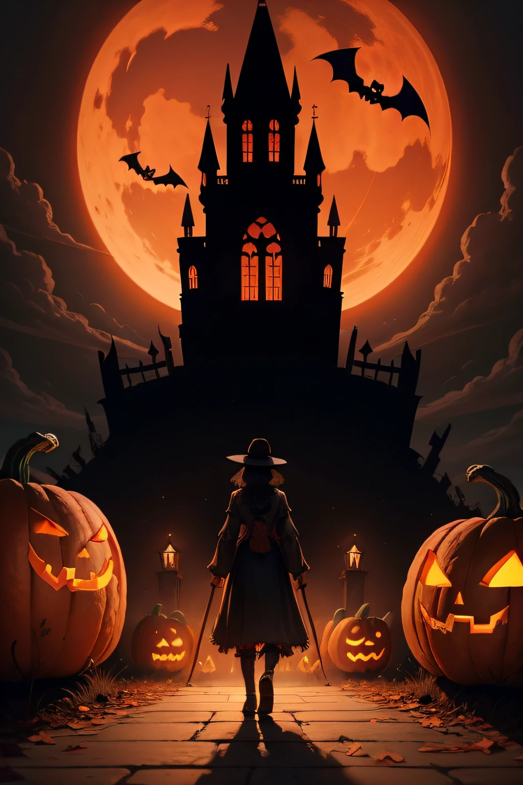 Halloween、pumpkins、zombie、sculls、gothic atmosphere、terrifying、terroral、bloods、ruins