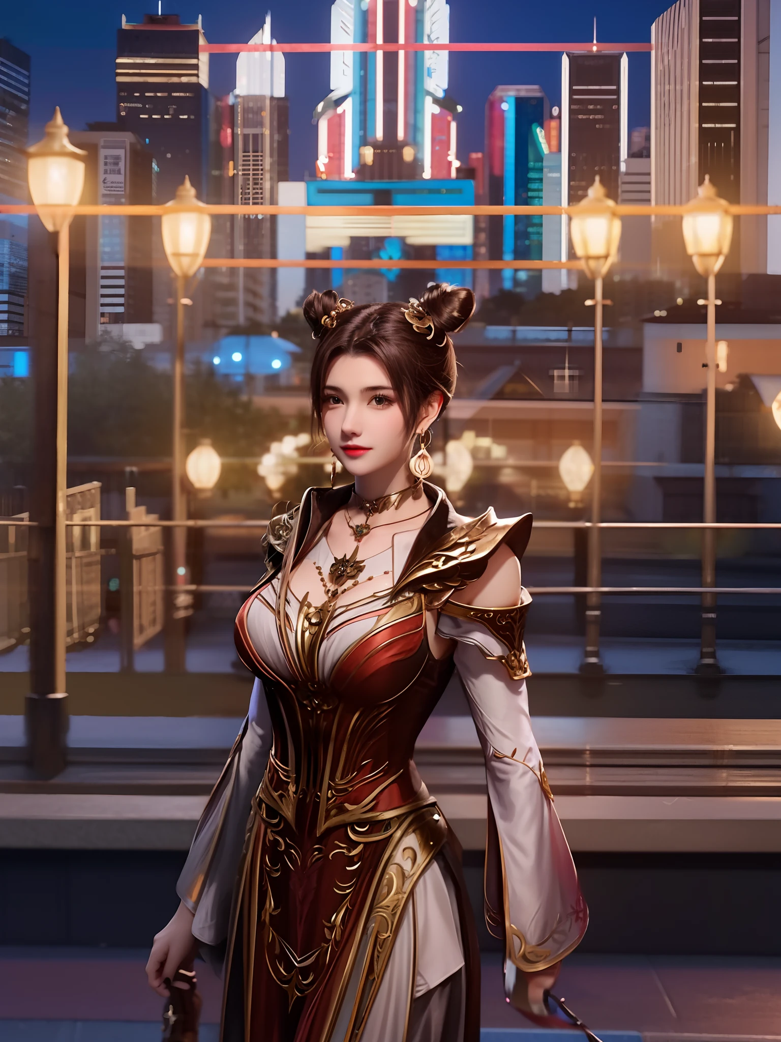 1girl, mature female, cityscape, night, looking at viewer, earrings, jewelry, hair bun,double bun, short hair, clothing cutout, cowboy shot, high collar,shoulder armor, shirt,