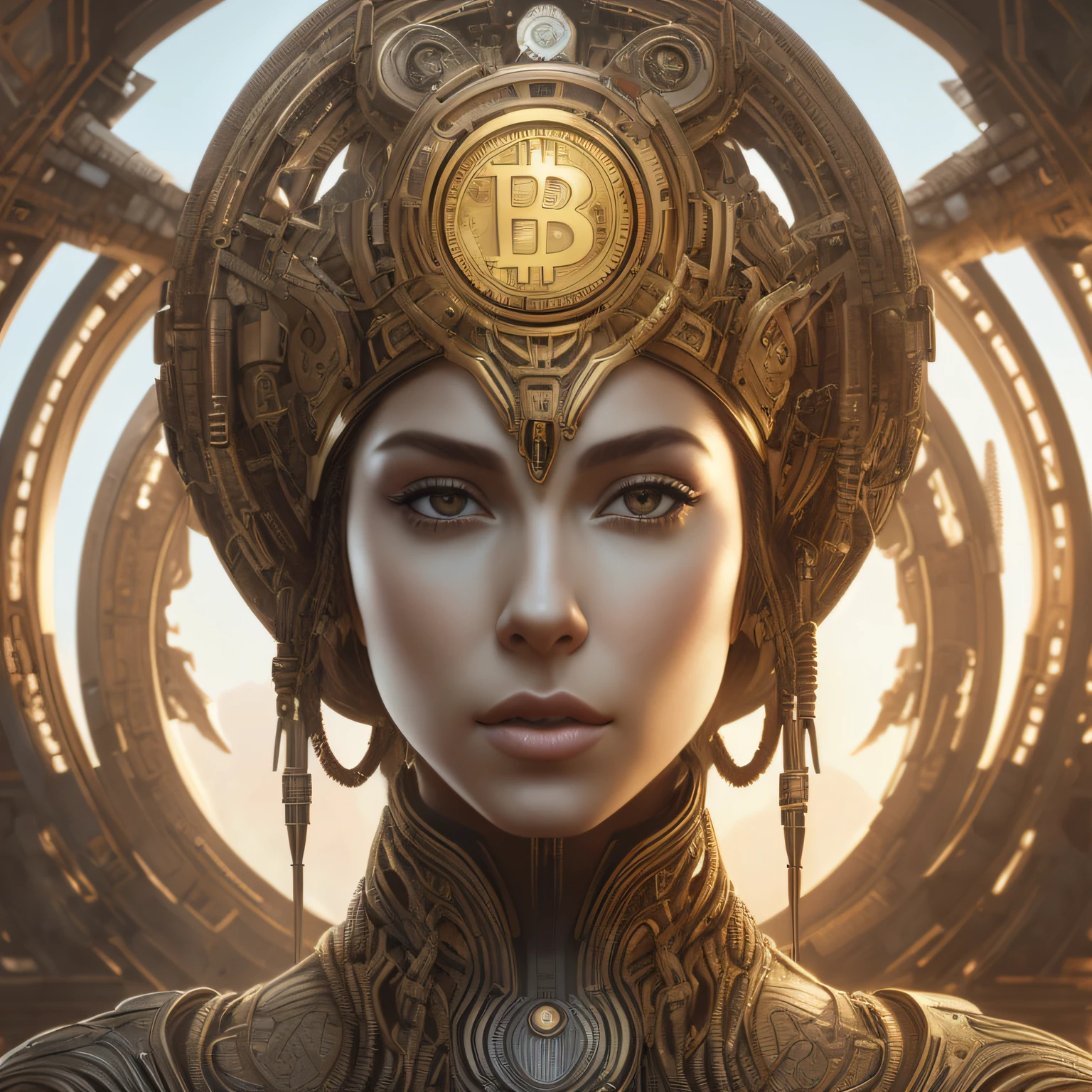 A closeup of a woman with a bitcoin coin on her head, laser nos olhos, karol bak uhd, Tomasz Alen Kopera e CGSoration, Artgerm Julie Bell Beeple, Retrato de uma rainha ciborgue, CGSetivity 8K, CGSetivity 8K, CGSetalidade 8K, deusa. Detalhes extremamente altos, trending in cgsociety