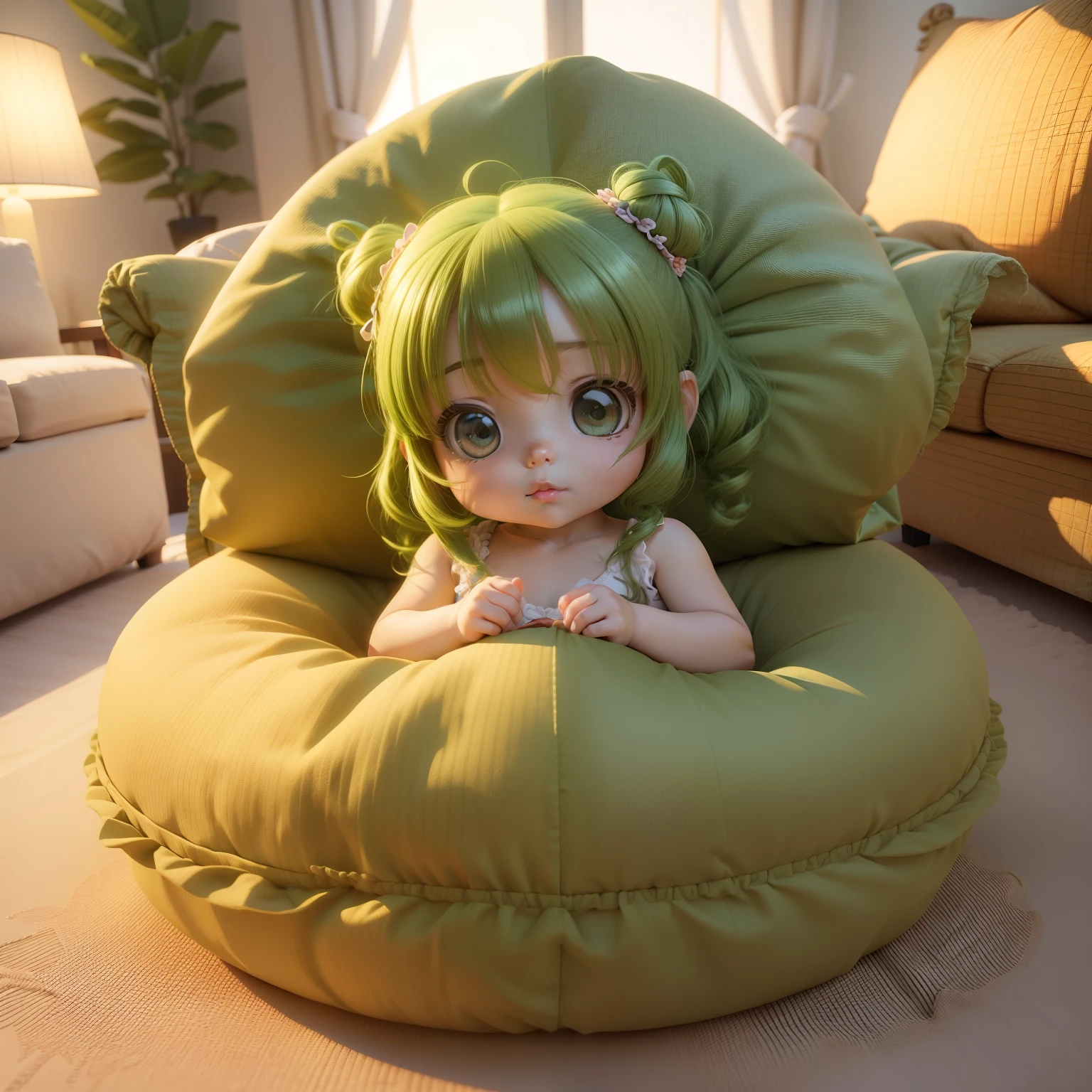 Cute Baby Chibi Anime、(((Chibi 3D))) (Best Quality), (masutepiece)、Green long hairstyle、Chibi Attic、Sit back and relax on a cushioned sofa set、A detailed face、