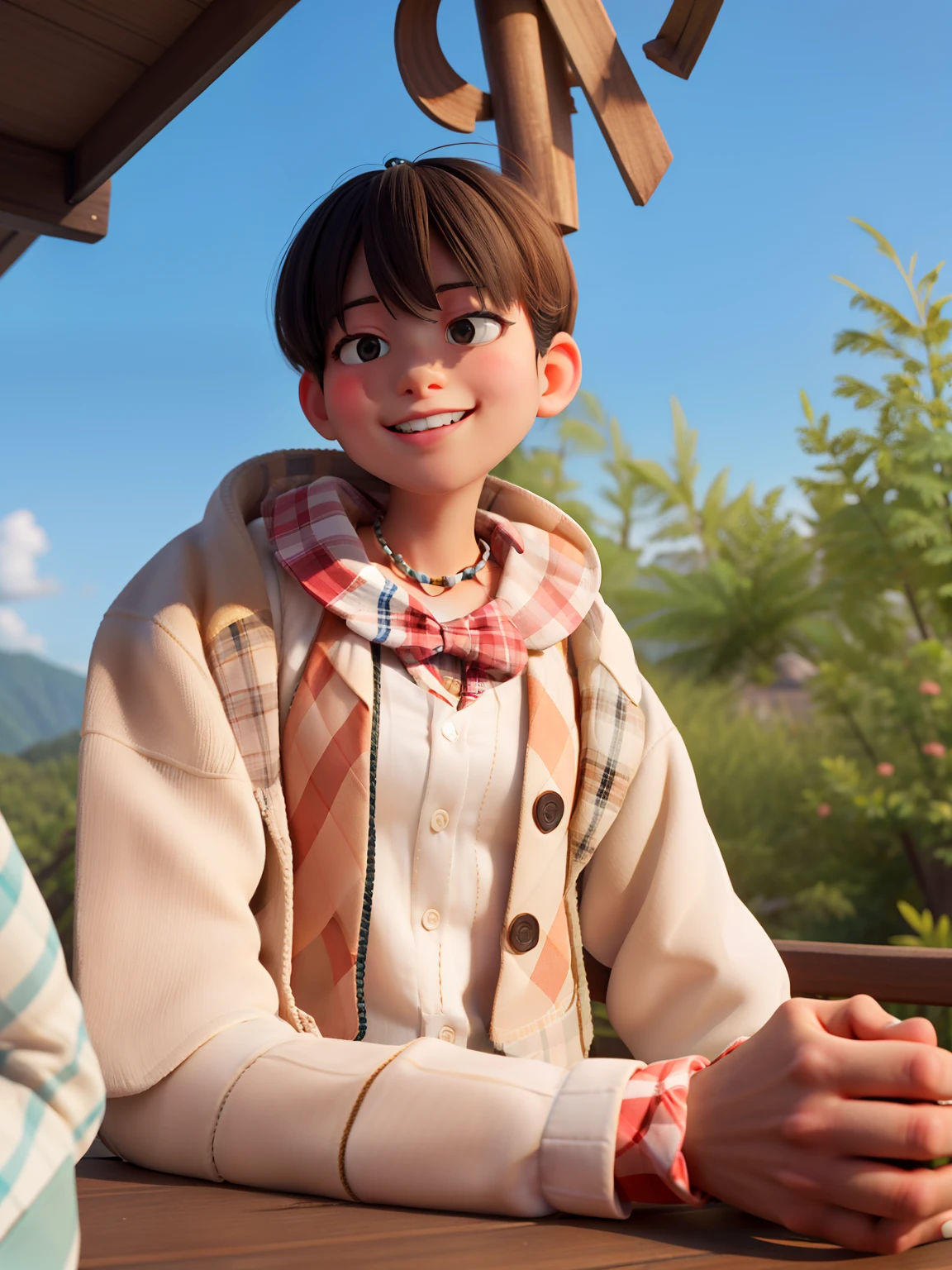masterpiece, high quality best quality,1girl, bangs, beach, blue_sky, blush, bow, breasts, checkered, checkered_shirt, checkered_skirt, cloud, cloudy_sky, collarbone, day, envelope, giving, grass, hair_bow, heart, holding, holding_letter, horizon, incoming_gift, kazami_yuuka, leaning_forward, lens_flare, letter, light_rays, long_hair, looking_at_viewer, love_letter, mountain, mountainous_horizon, ocean, outdoors, plaid, plaid_background, plaid_bikini, plaid_bow, plaid_bowtie, plaid_bra, plaid_dress, plaid_headwear, plaid_jacket, plaid_legwear, plaid_necktie, plaid_neckwear, plaid_panties, plaid_pants, plaid_ribbon, plaid_scarf, plaid_shirt, plaid_skirt, plaid_vest, pov, shirt, skirt, sky, smile, solo, sun, sunbeam, sunlight, tree, unmoving_pattern