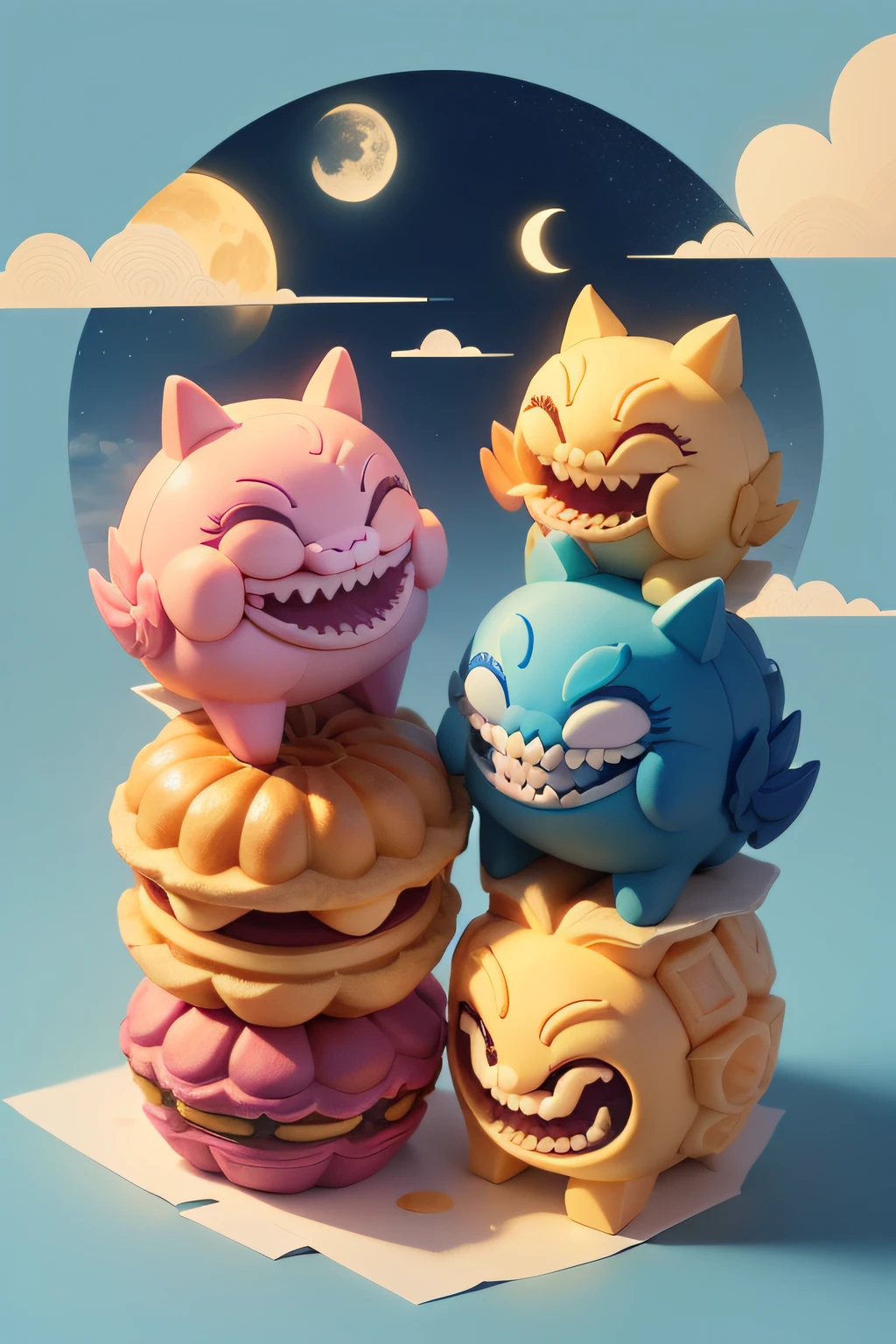 Anthropomorphic teeth Mid-Autumn Festival Eating mooncakes Blue background Pink matching，Auspicious clouds，palaces，Moon，NOhumans