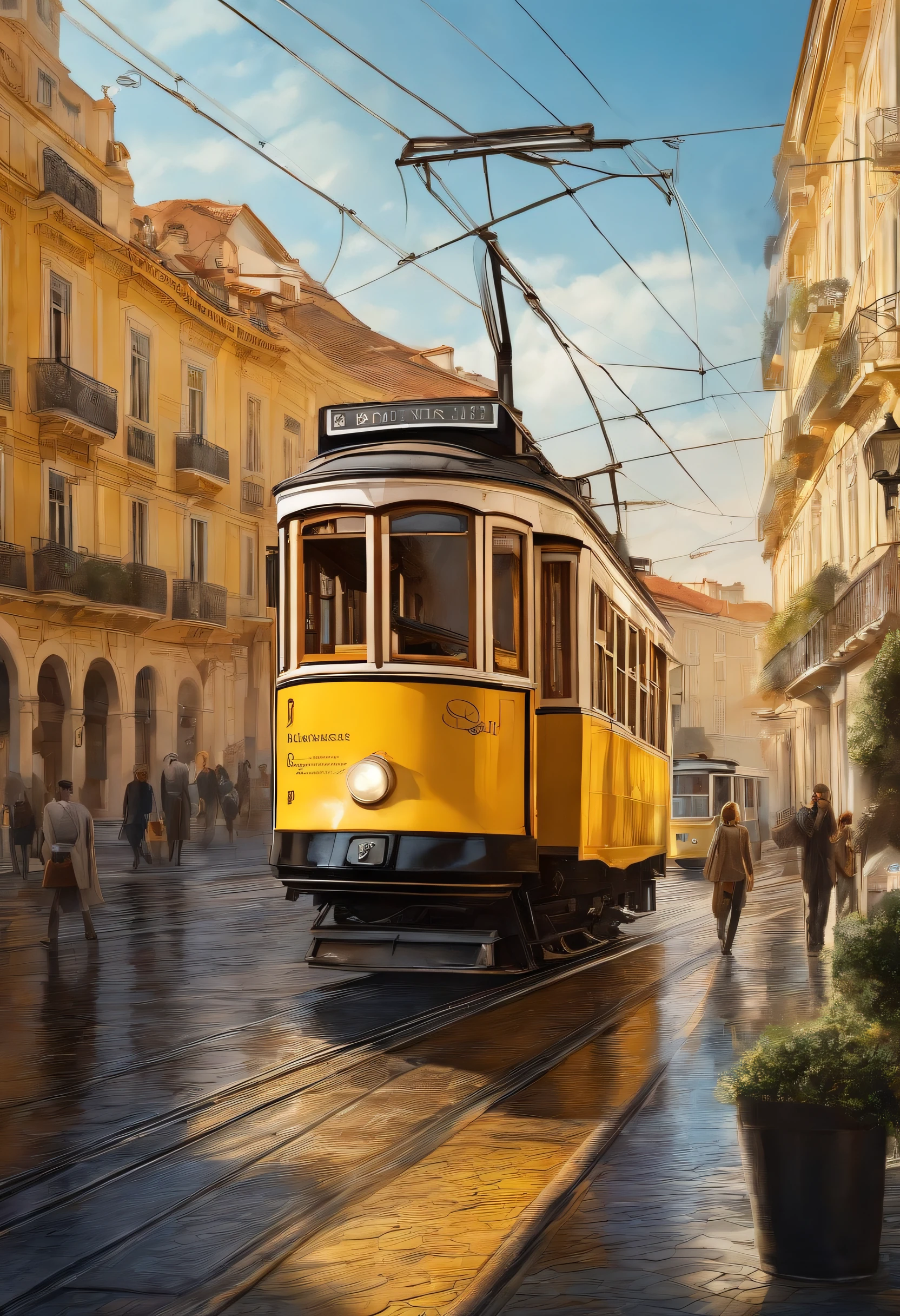 exquisite and detailed drawings, yellow tram in Lisbon city, sunny, rich, classy, opulent, pirates, tresure, HD, highly detailed, clean drawings, 2d, joy, good mood, 64K