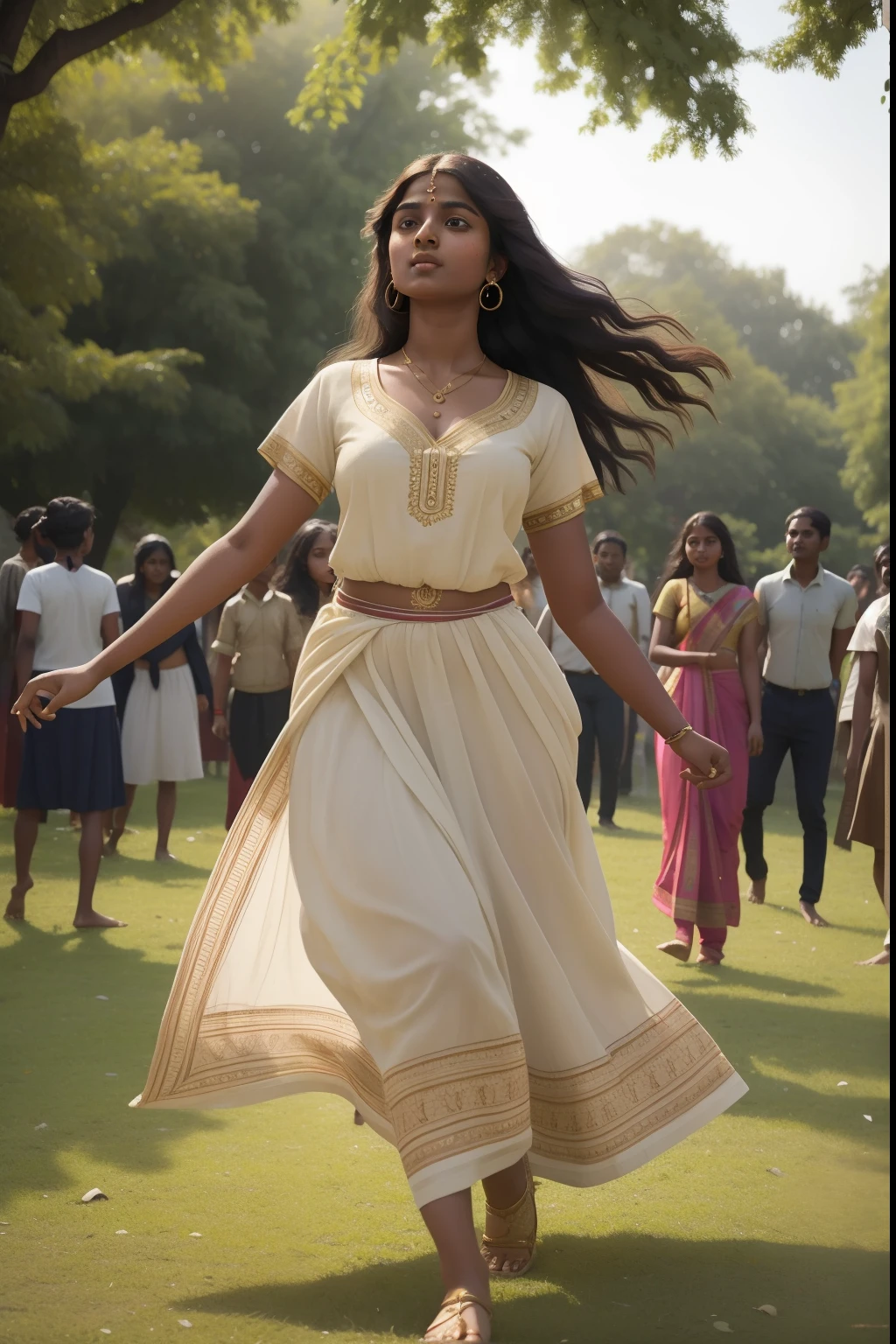 Request a Pre-Raphaelite portrayal of a 20-year-old Indian woman with expressive dark eyes and a joyful spirit, as she dances with graceful abandon in a sunlit urban park, surrounded by people of different ethnicities, all united by the universal language of dance.