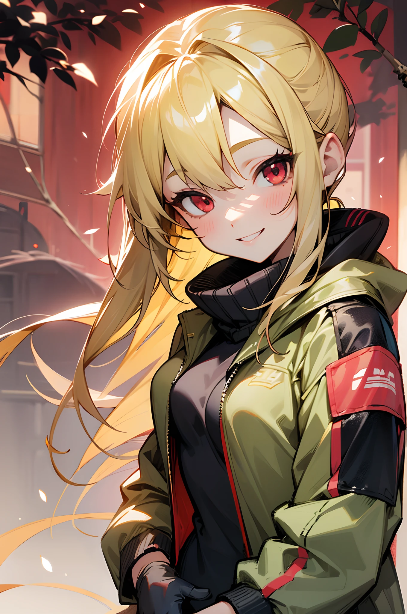 girl with、female high-school student、Small breasts、Wearing a rider's jacket、blondehair、Red Eyes、poneyTail、gloves、Cheerful smile、Stand in front of a street tree