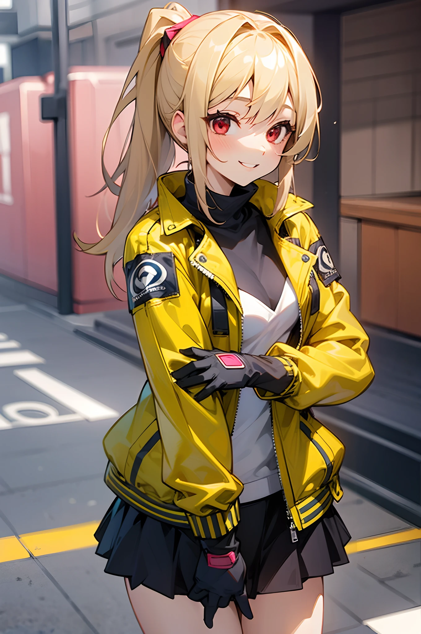 girl with、female high-school student、Small breasts、Wearing a rider's jacket、blondehair、Red Eyes、poneyTail、gloves、Cheerful smile、Stand in front of a street tree
