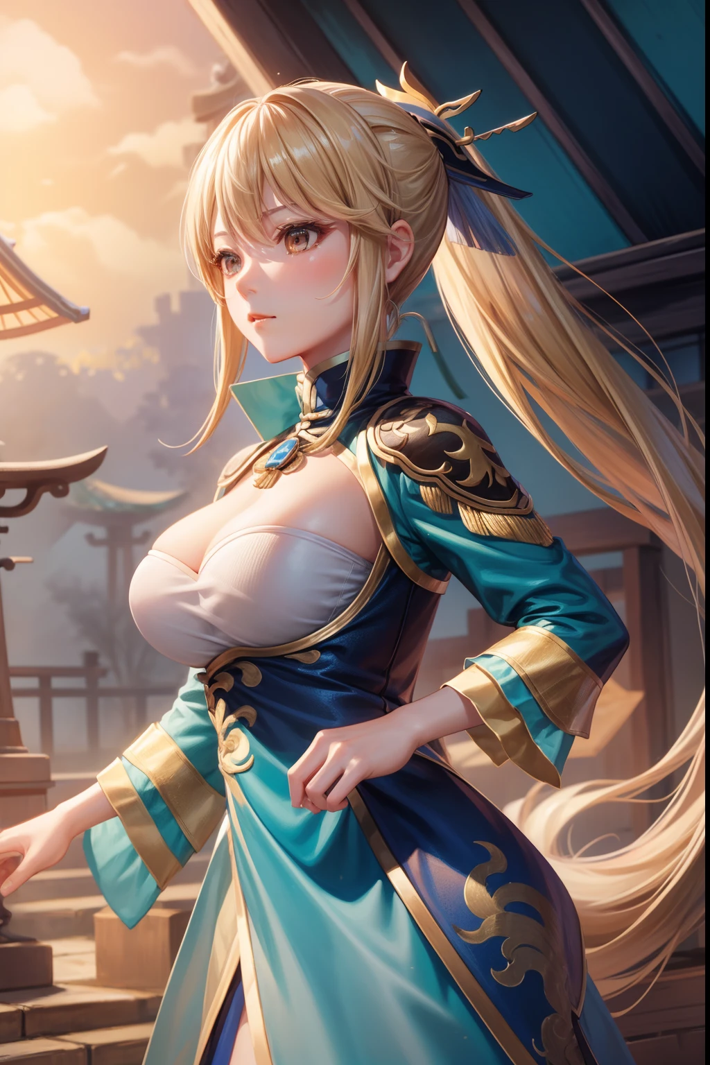 wang_Yuanji(Wang Yuanjie)、1girl, ​masterpiece、top-quality、ponytail, {小柄}、{{Sharp eyes}}、antiquegold hair, huge tit、Looking ahead、Dropping your gaze、{chill out}、style、refinement、ambition、battle field、