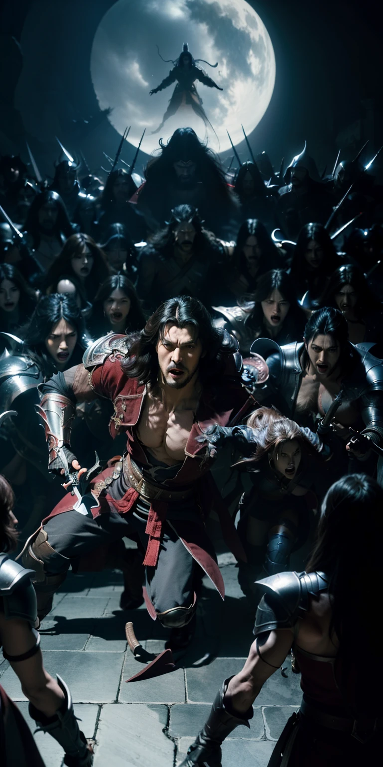 Castlevania Shadow Lord hyper realistic super detailed Dynamic shot masterpiece cinematic scene scenes movie Epic Legendary Lord Dracula leading troops armed with demons into battle War