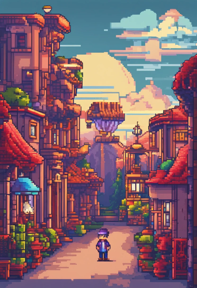 Pixel art tourist destination landscape. Evening. 3d pixel art 4k wallpaper. Incredible pixel art details. Pixel art. Steam waves. Detailed unreal engine pixel art, close up, 1boy, vampire teeth, cute vampire outfit