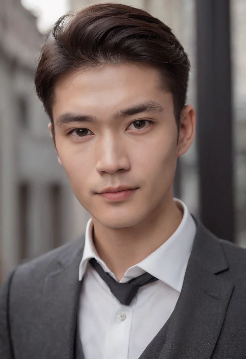 A portrait of a 20-year-old Japanese male in a smart business style for autumn/winter. Dressed in a charcoal grey tailored suit from Armani, white dress shirt, black silk tie, and black leather brogues. The look is elegant and refined.　A  smart business hairstyle for autumn/winter. A neat, combed-back look with a strong hold, giving a mature and confident appearance.