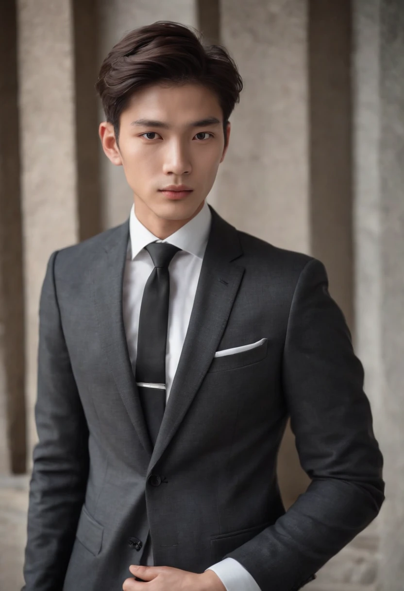 A portrait of a 20-year-old Japanese male in a smart business style for autumn/winter. Dressed in a charcoal grey tailored suit from Armani, white dress shirt, black silk tie, and black leather brogues. The look is elegant and refined. A smart business hairstyle for autumn/winter. A neat, combed-back look with a strong hold, giving a mature and confident appearance.