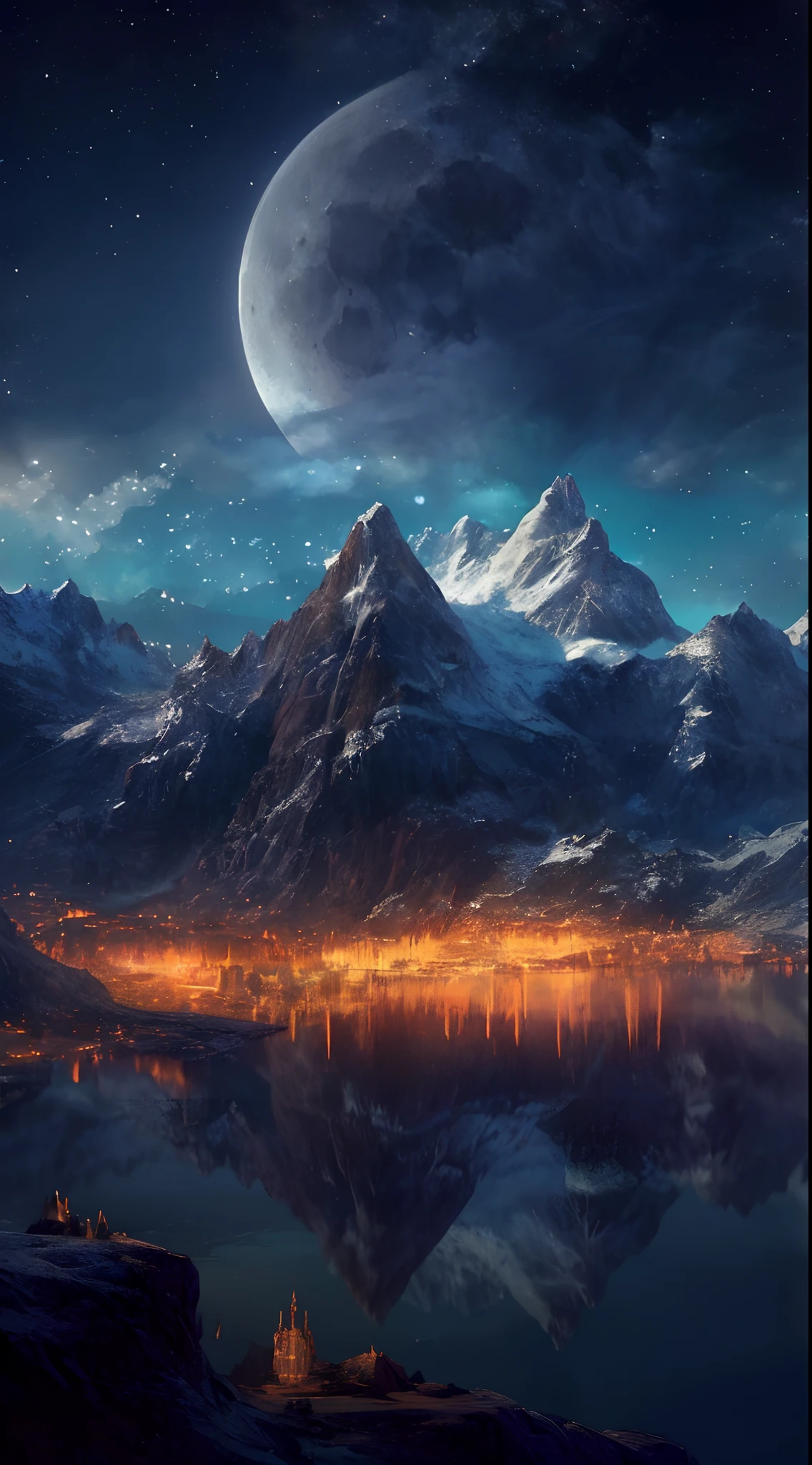 mountains and a lake with a moon in the sky, 4k highly detailed digital art, 4 k hd wallpaper very detailed, impressive fantasy landscape, sci-fi fantasy desktop wallpaper, unreal engine 4k wallpaper, 4k detailed digital art, sci-fi fantasy wallpaper, epic dreamlike fantasy landscape, 4k hd matte digital painting, 8k stunning artwork
