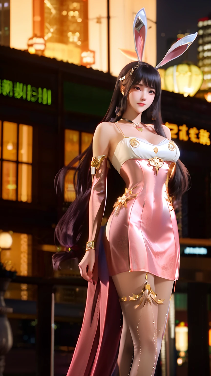 hitomi in a shiny_pink_cheongsam_with_floral_pattern, rose_dress, shiny_fabric, smooth_dress, very_short_dress, turleneck, bare_shoulders, sleeveless, beautiful, long_hair, thin_body, evil_smile, villain, sexy_pose, high resolution, 8k