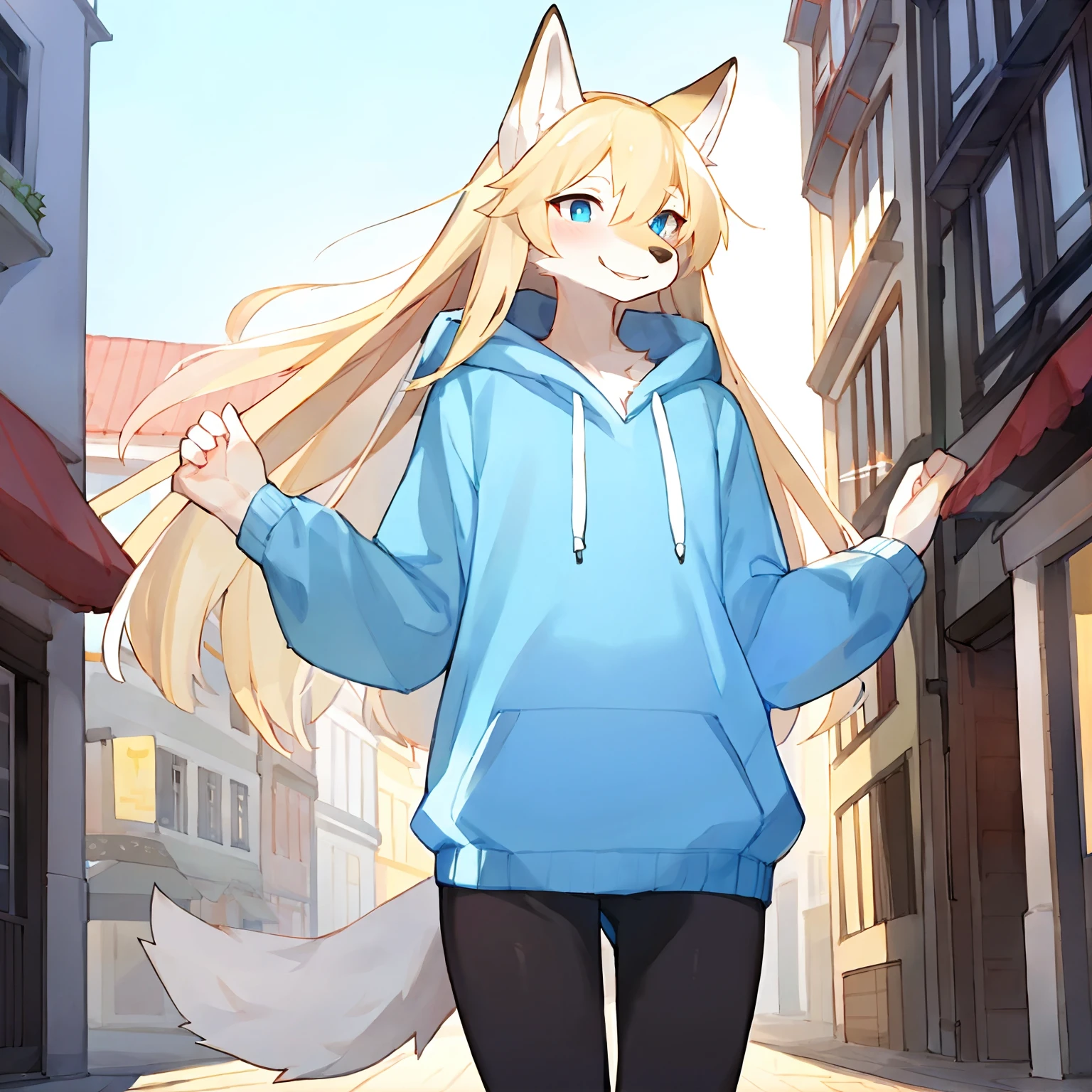 byTubasa, by bebebebebe, by zakro_zkzk25, by kame_3t, solo, female, lithe body, thin body, canine, wolf, blonde hair, long hair, blue eyes, snout, standing, excited expression, smiling, white hoody, black leggings, German city, German street, pastel colors.