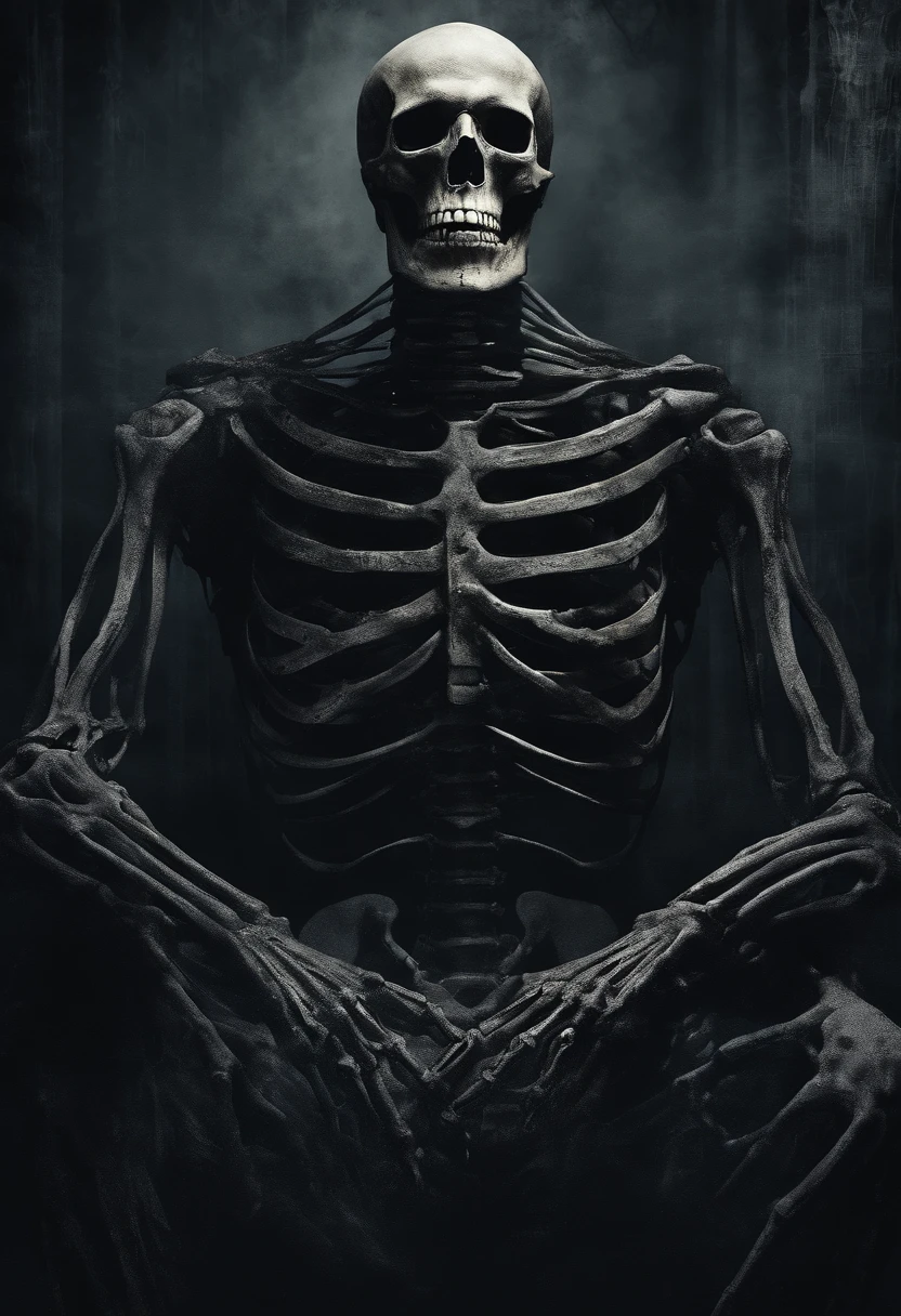 a full-length picture half of his body will be a skeleton half a human he will have no eyes